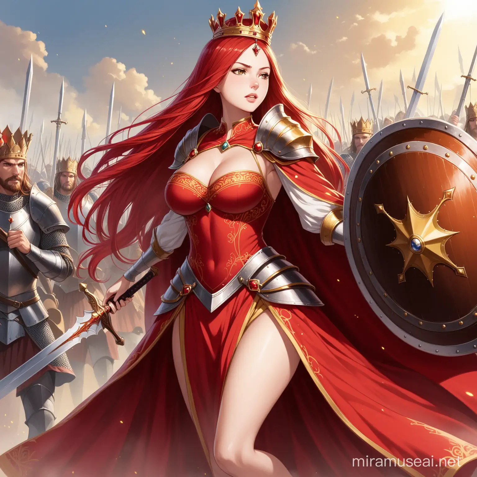 RedHaired Queen in Battle Spanish Crown Warrior Princess Fighting with Sword and Shield