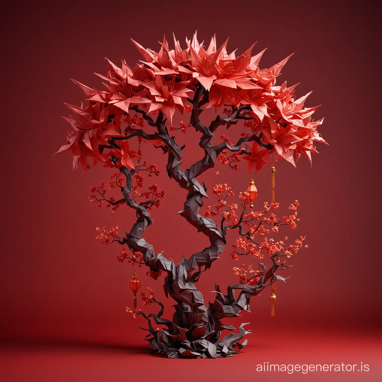origami style, Chinese graphic element, graphic design, flower, tree, paper lantern, red color, dark red background, dragon, haze, ultra-detailed, film photography, light leaks, Larry Bud Melman, trending on artstation, sharp focus, studio photo, intricate details, highly detailed, by greg rutkowski