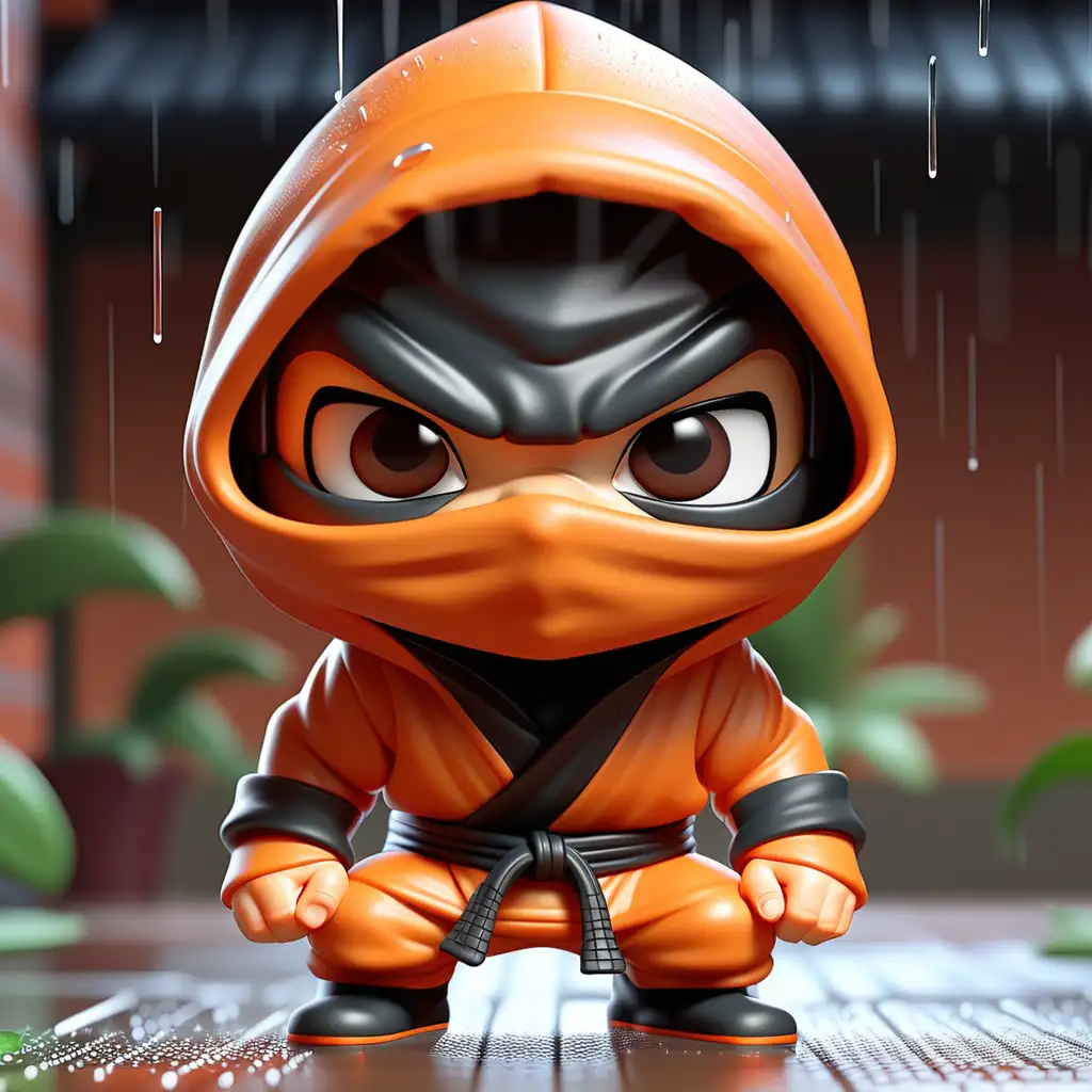 kleiner sehr süßer mini baby ninja in orange, funko pop style, Hintergrund ist clear, figur hat einen hoodie an und es regnet, Pupillen sind zu sehen. Gesicht ist wie ein ninja bedeckt. hohe details 