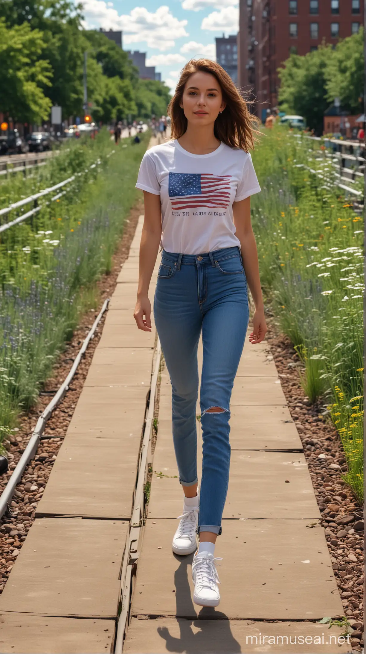 4k Ai art beautiful USA girl brown hair ear tops multiple colour jeans and t shirt in USA Stroll Through the High Line  