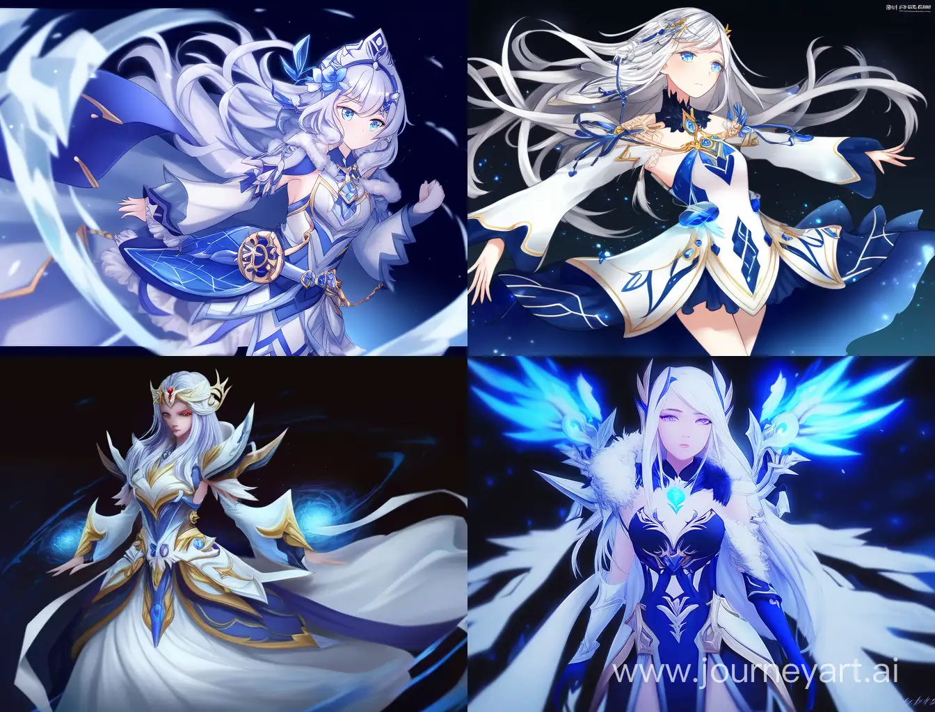 Female, around 18 years old, height around 160cm, slim body, white hair with blue streaks, blue eyes with white streaks, manhwa art style, pose like Mona Lisa, beautiful white and blue medieval fantasy dress