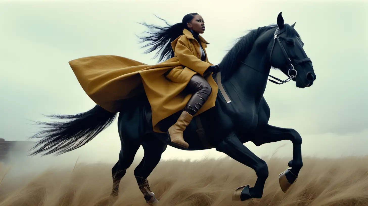 A cinematic scene shot on a Sony cine Alta: a long full body shot of a black woman fiercely riding big horse with fog dressed in a futuristic jumpsuit, cropped coat with cargo pockets, Star Wars, Christopher Nolan styled scene,  long straight hair with bangs, thigh high high heel boots, high yellow grass
