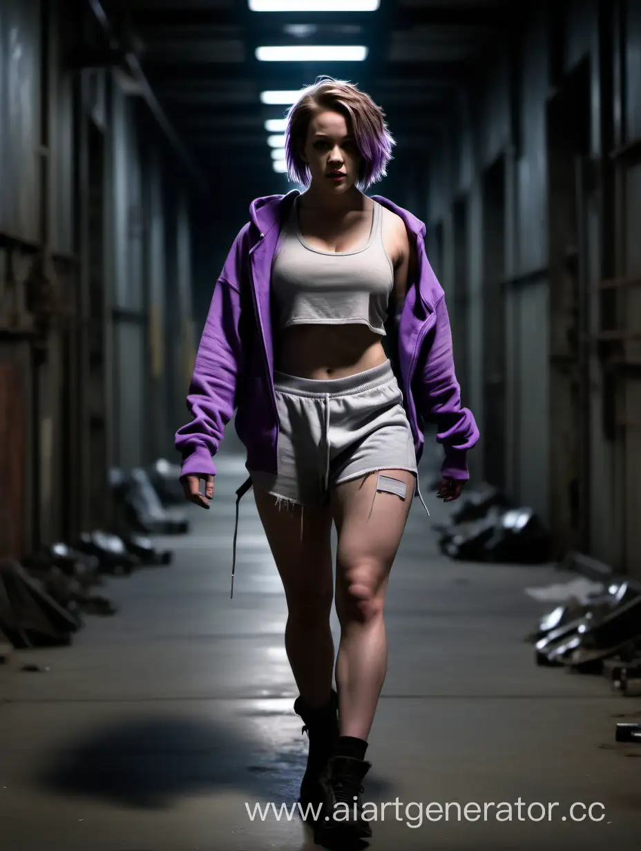 Dystopian future fashion, cyberpunk, young adult white girl, short light brown hair with faded purple tips, muscular thick athletic body, walking towards camera, walking through dark dimly lit industrial corridor, grey tank top, baggy hoodie, bare beefy shoulders, smirking Hilary duff face, sexy walk, full body, cinematic shot