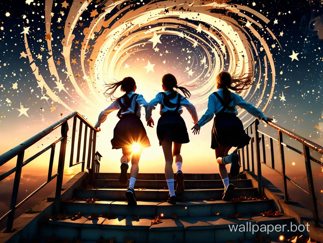 Two schoolgirl friends run away as if up the steps higher and forward into the sunset sky with a whirlpool of stars. Romanticism