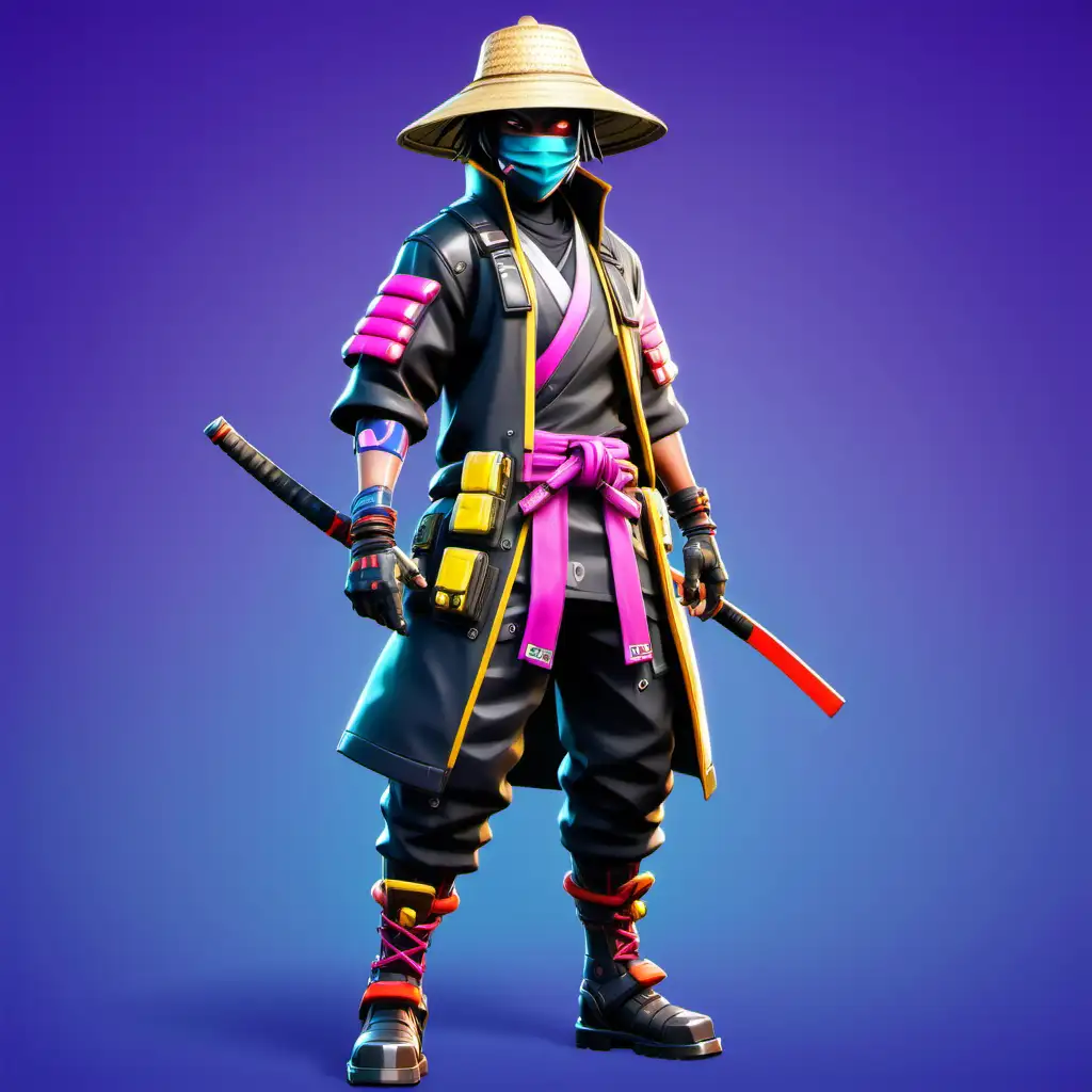 samurai with teshin boots, cyberpunk jacket with a face mask and a straw hat fortnite style skin with a samurai