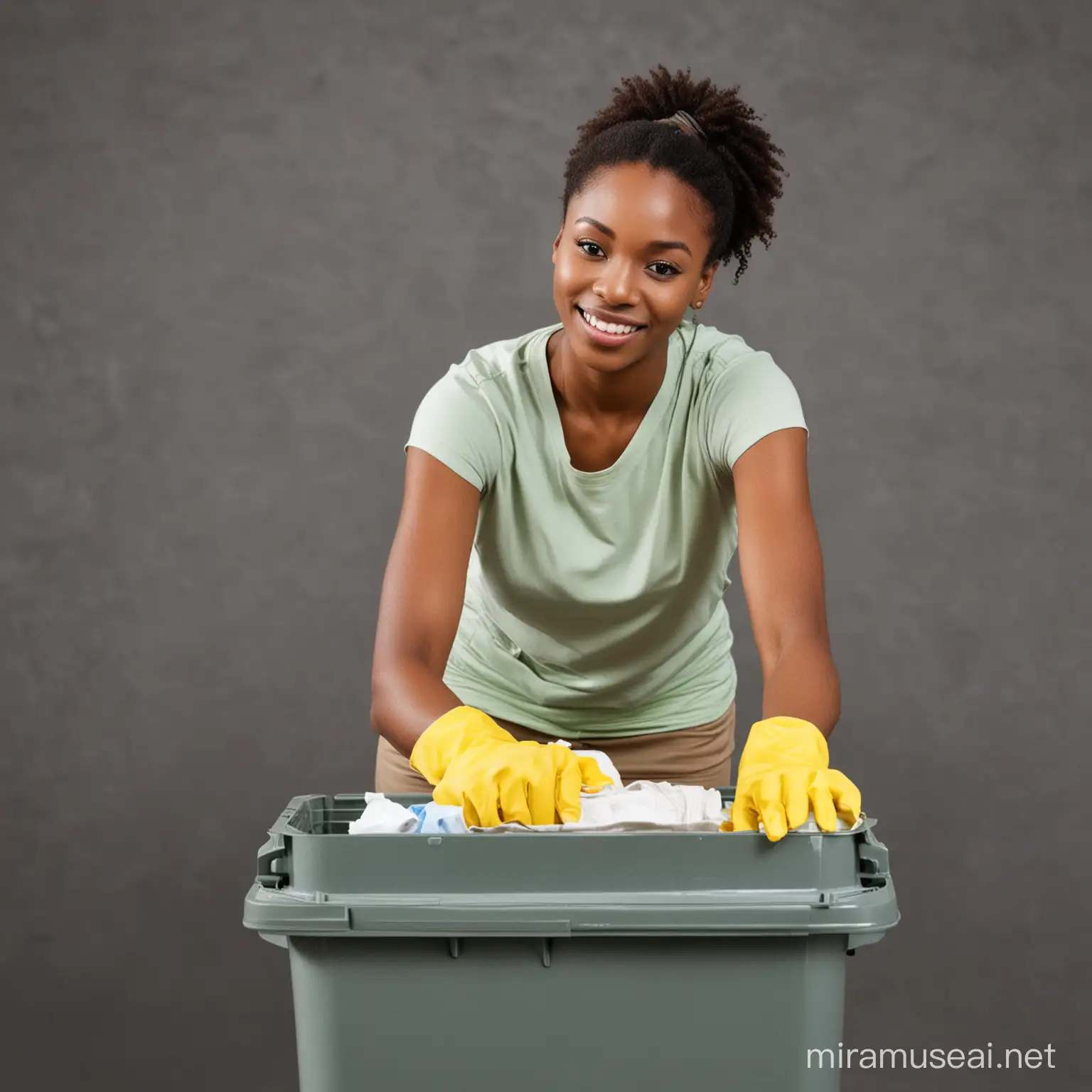 African Woman Cleaning Trash Bin in Vibrant Marketplace