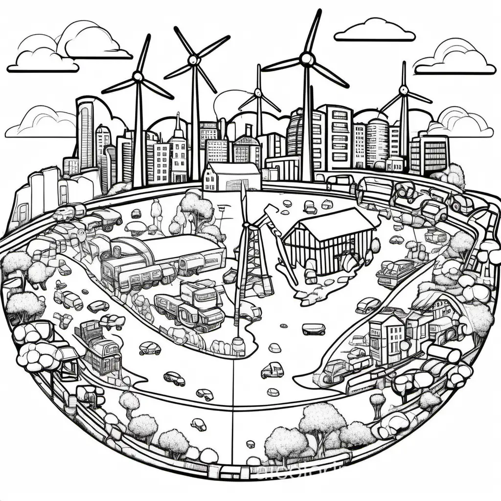 world with factories, cars, cows, plants, wind turbines, rivers, animals, Coloring Page, black and white, line art, white background, Simplicity, Ample White Space. The background of the coloring page is plain white to make it easy for young children to color within the lines. The outlines of all the subjects are easy to distinguish, making it simple for kids to color without too much difficulty