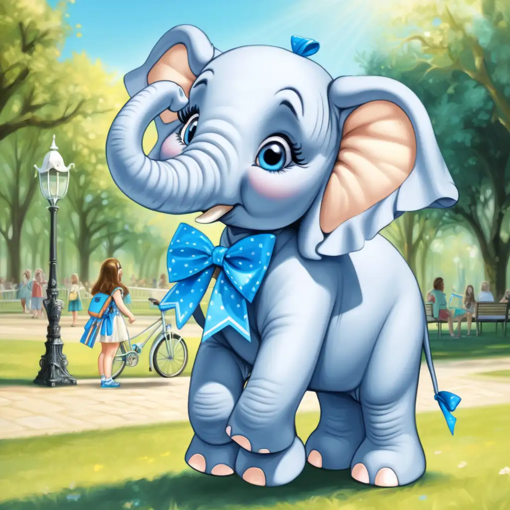 girl elephant blue bows, with long hair on a sunny day in the park 