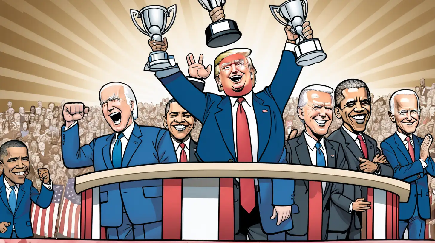 Donald Trump Joe Biden and Barack Obama on Winners Podium Comic Style