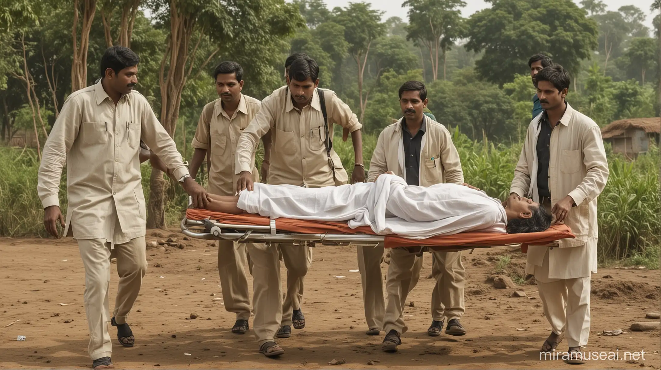 Indian People Carrying Patient on Stretcher with Polling Background