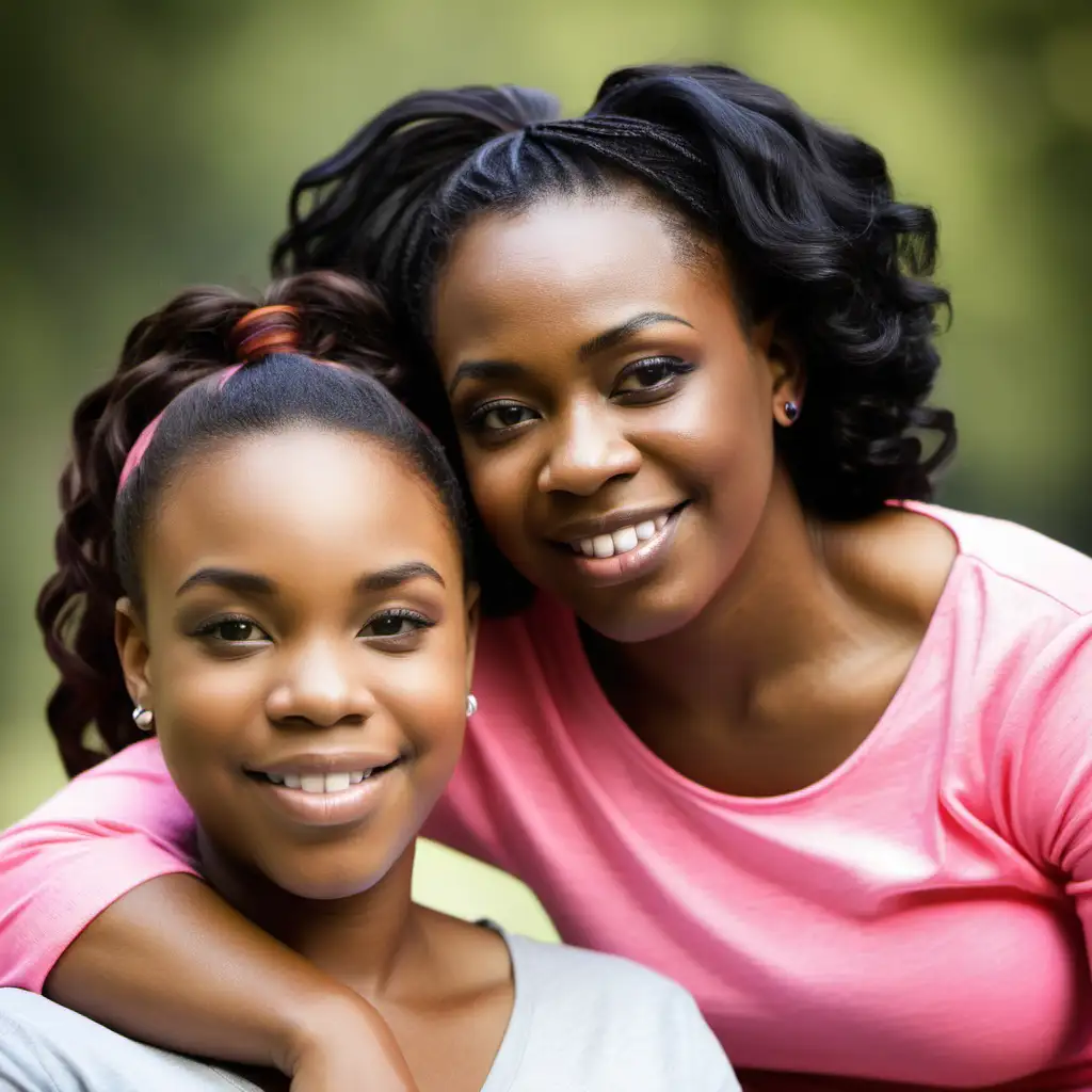 African American Mother and Teen Daughter Embracing in a Sunlit Garden