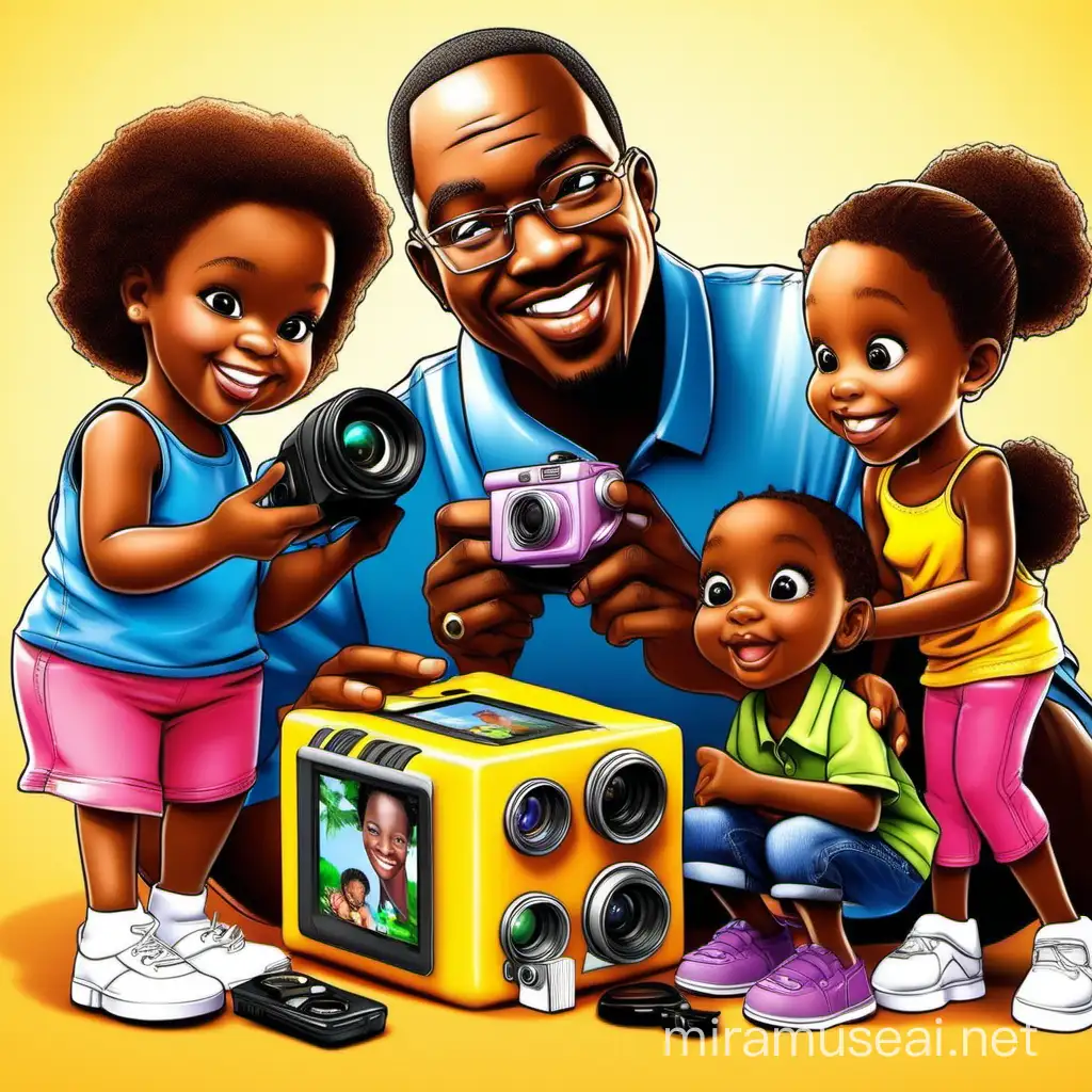 African american families unboxing mini digital camera in the year 2002 cartoon model