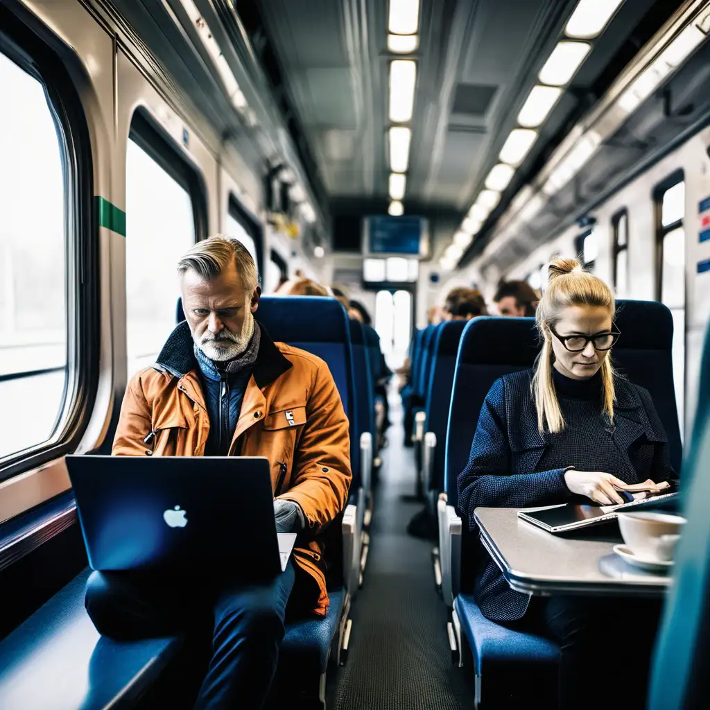danske mænd og kvinder sidder i regional toget og arbejder med sin bærbar computer,


