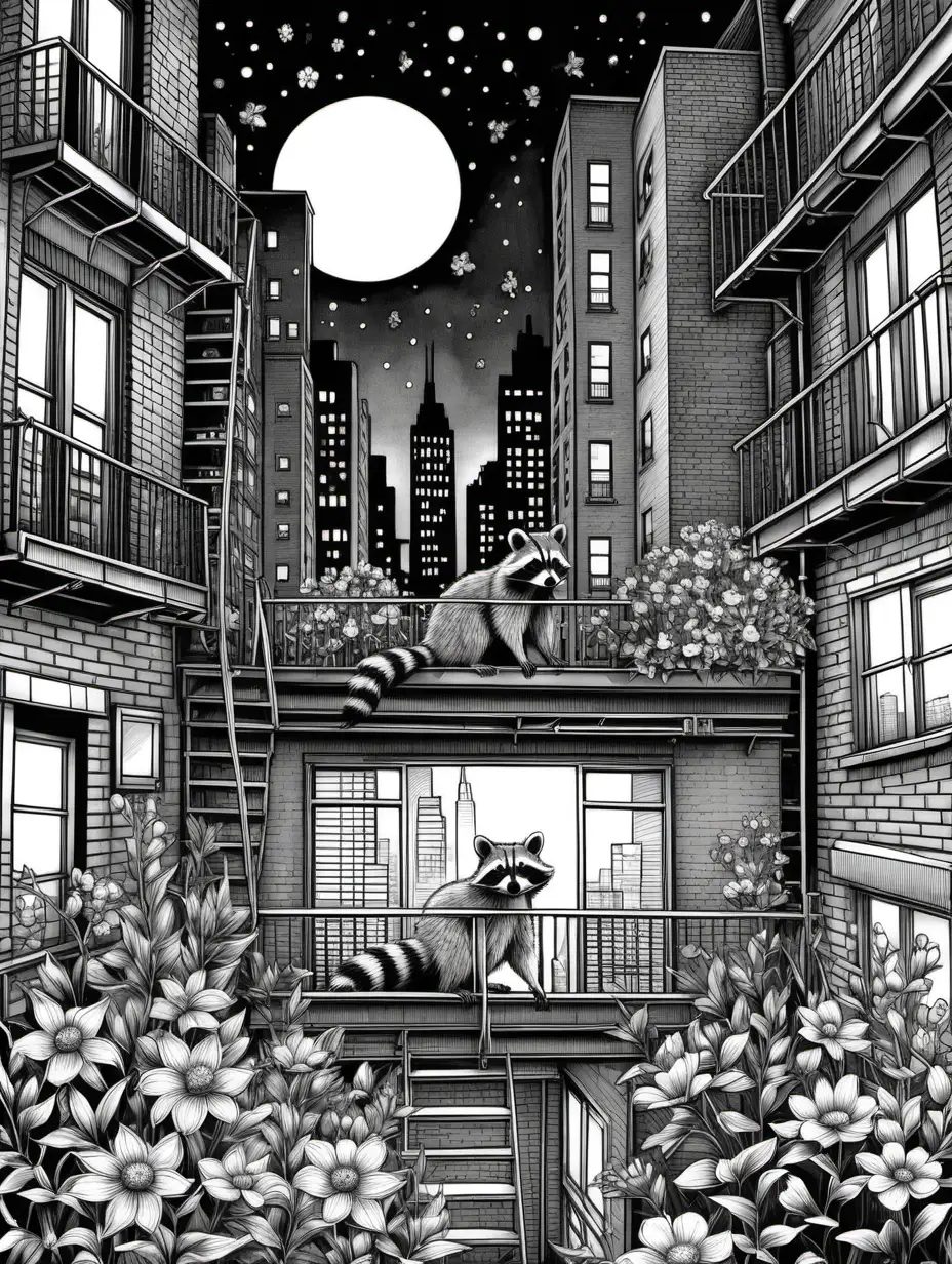 Craft an enchanting coloring page featuring a raccoon situated on a fire escape of a Manhattan building at nighttime, peering curiously through a window at a television. Surround the raccoon with a myriad of vibrant, flat flowers embellishing the fire escape, creating a striking contrast against the dark, nocturnal cityscape. Illuminate the raccoon's inquisitive gaze towards the glowing TV amidst the backdrop of colorful blossoms, capturing the vibrant energy of the city night. Ensure a vivid portrayal without greyscale shades, emphasizing the raccoon's presence amidst the blossoming, nocturnal setting.