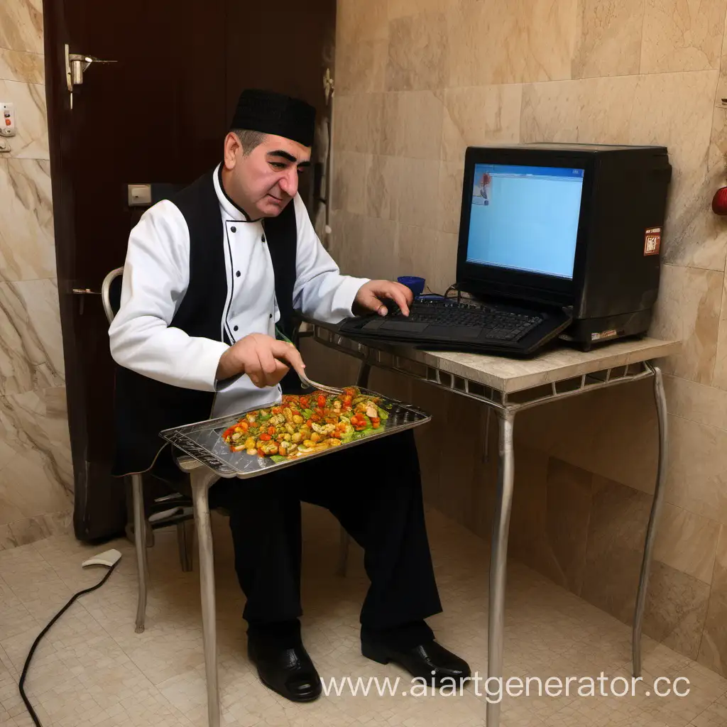 Multitasking-Tajik-Chef-Cooking-with-Heel-and-Computer-Play