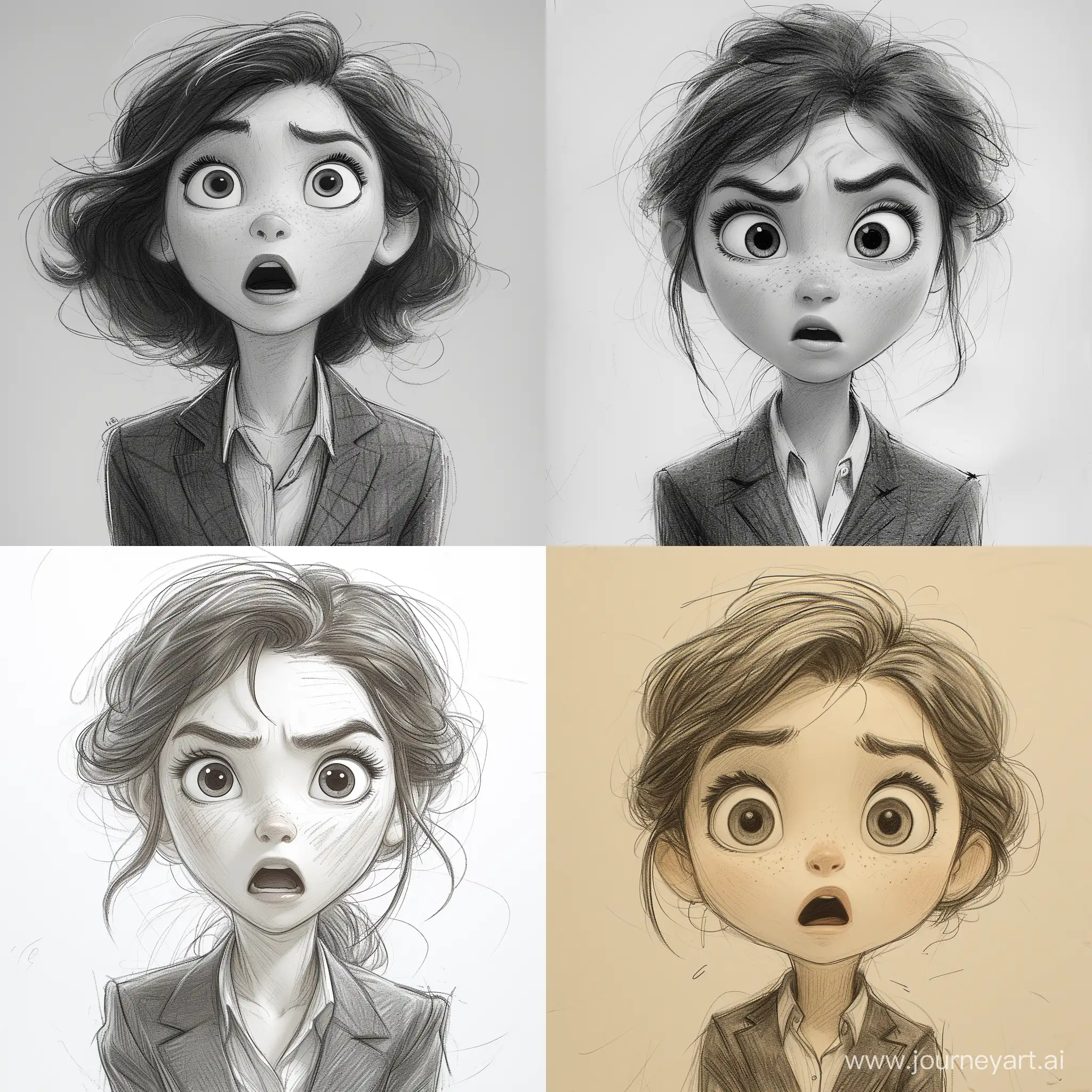 a pencil drawing of a young girl in a business suit with a very shocked expression, in the style of unreal engine 5, cartoonish caricatures, i can't believe how beautiful this is, animated gifs, life-like avian illustrations, close-up, soft, romantic scenes, in the style of bold, gestural strokes, expressive facial animation, large brushstrokes/loose brushwork, gestural calligraphic, characterful animal portraits, raw brushstrokes, loose, gestural strokes --stylize 750