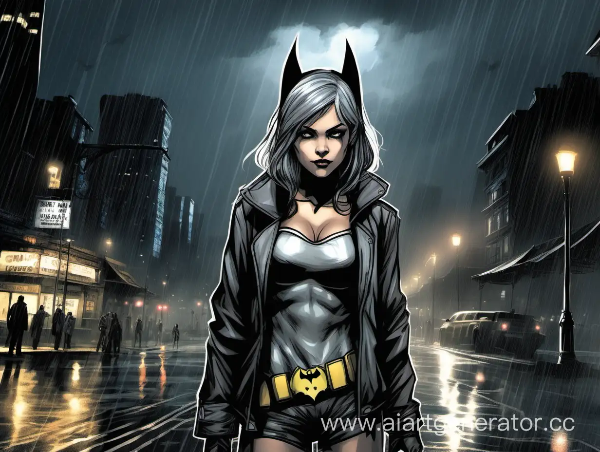 Draw an art. a girl with dog ears, with shoulder-length gray hair stands and looks at the rainy Gotham at night. She is wearing a costume from the game batman Arkham origing