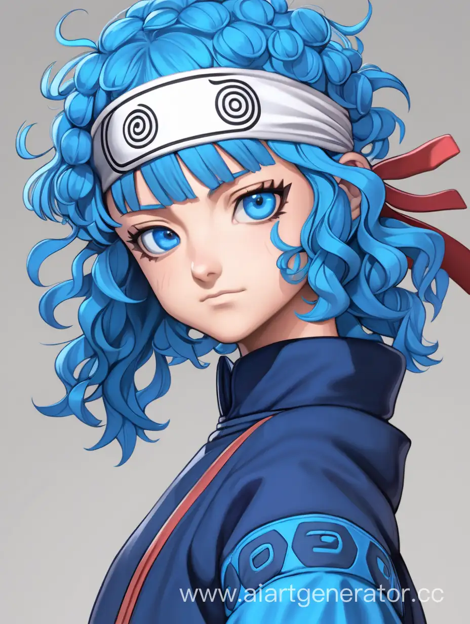 A girl with blue curly shoulder-length hair, blue eyes, bangs and a headband, dressed in blue ninja clothes, naruto style