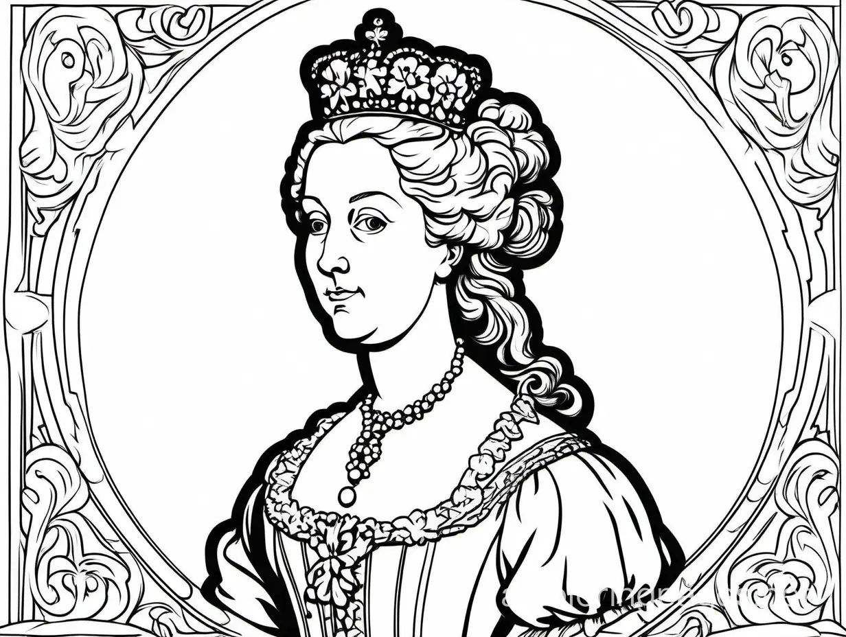 Catherine the Great
, Coloring Page, black and white, line art, white background, Simplicity, Ample White Space. The background of the coloring page is plain white to make it easy for young children to color within the lines. The outlines of all the subjects are easy to distinguish, making it simple for kids to color without too much difficulty