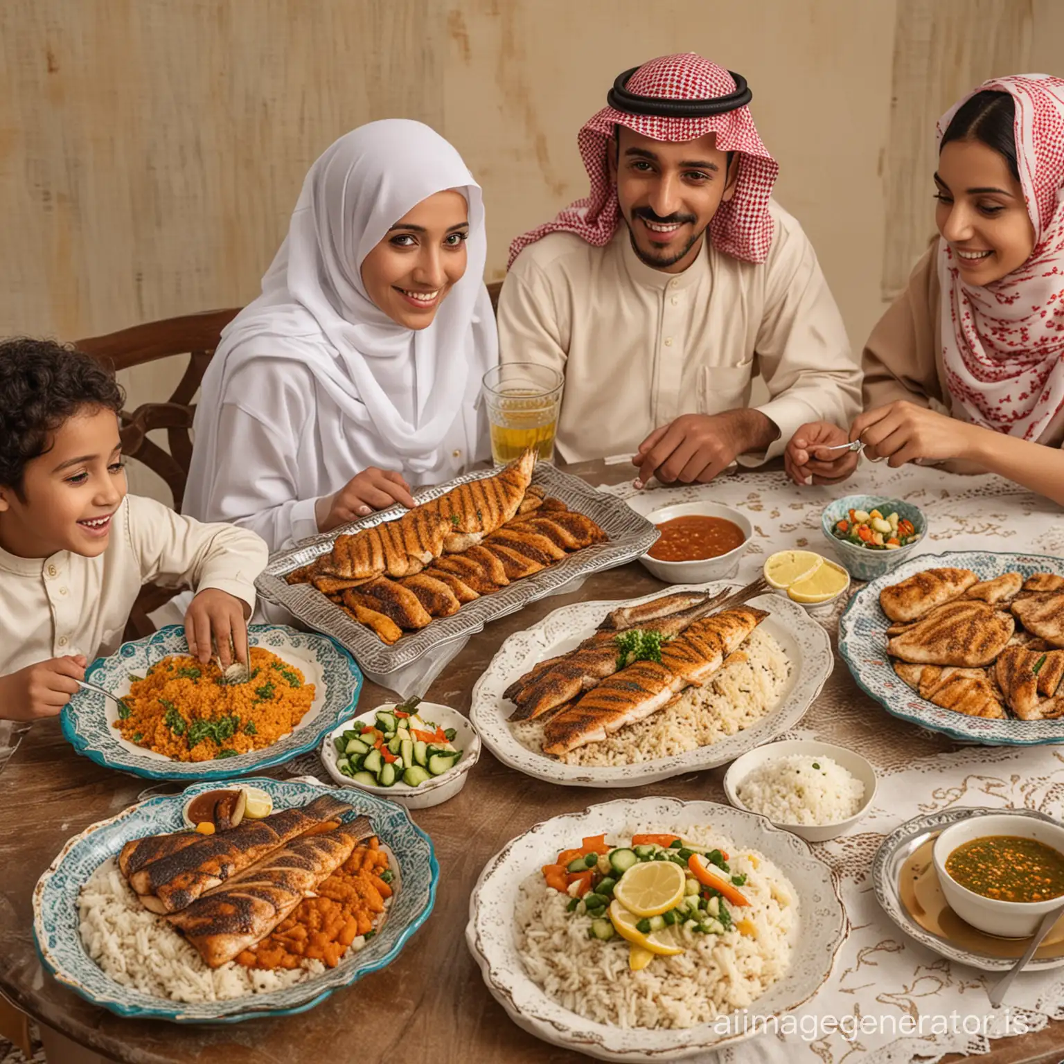 A Saudi Arabian family with pure faces eating grilled fish and rice on table