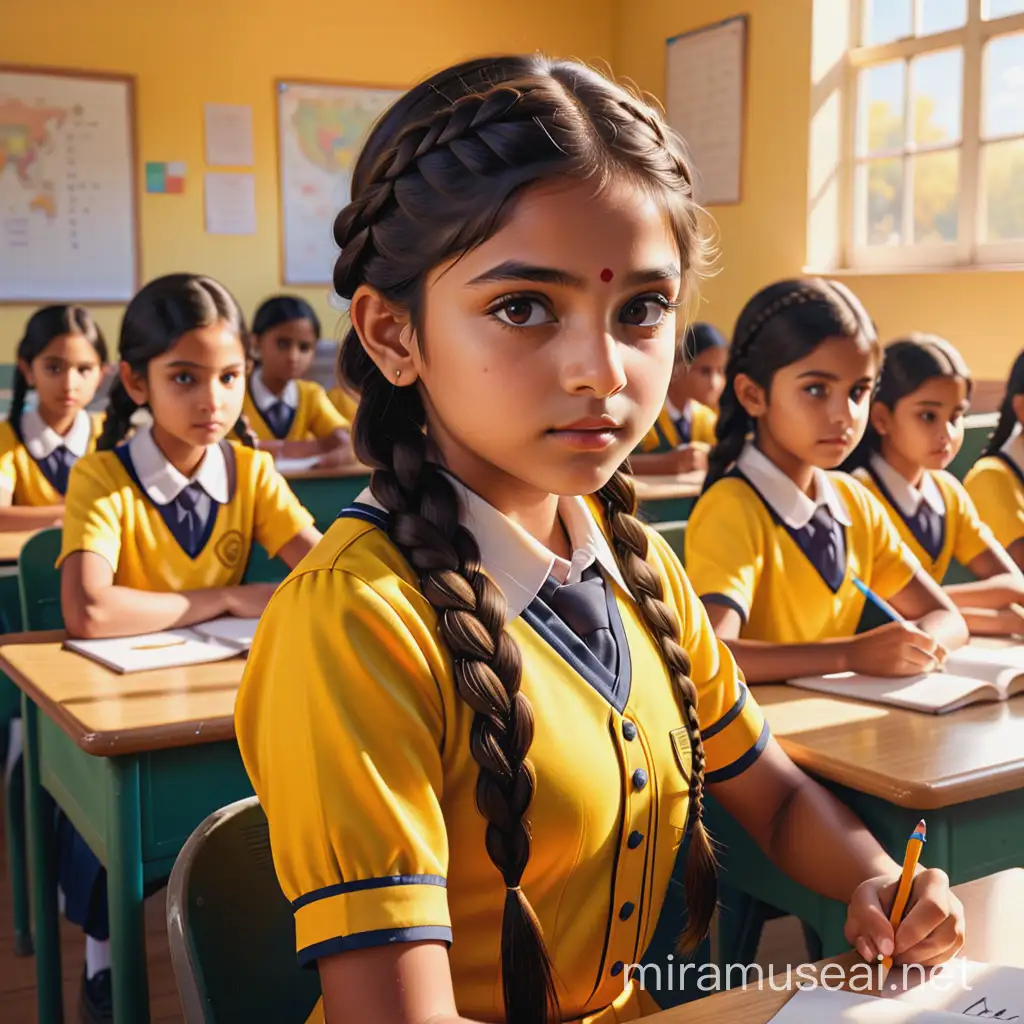 Indian girl , braids, bright yellow uniform reminiscent of Belle's dress, seated at school desk, surrounded by peers in a sunlit classroom,hippodex illuminated, focused gaze, vibrant textures of the surroundings, warm glow of morning light, high contrast, digital painting, ultra realistic, golden ratio.