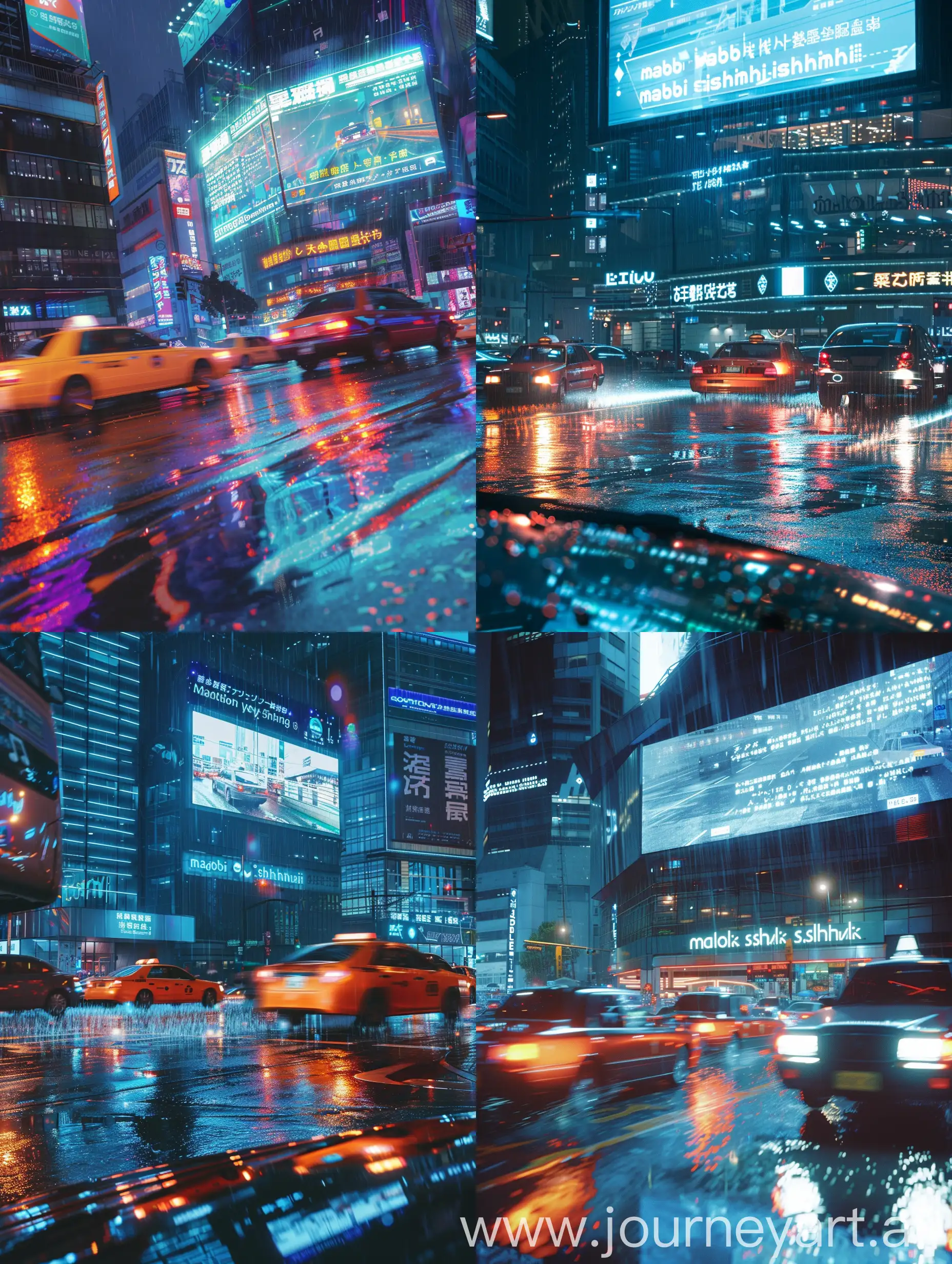 A busy street in the rain, cars passing by, buildings in the background, dark and rainy, neon lights reflecting off the wet street, a building in the background with a large screen displaying some words,rain,wet road,night time, building lights, dream like glow,high quality,anime style,art of makoto shinkai,