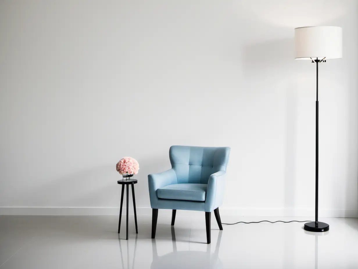 Commercial Photography, modern minimalist living room interior with nav light blue chair and floor lamp and flower, white wall