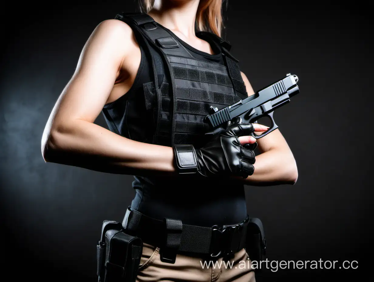 woman`s hand in tactical glovette holding a gun