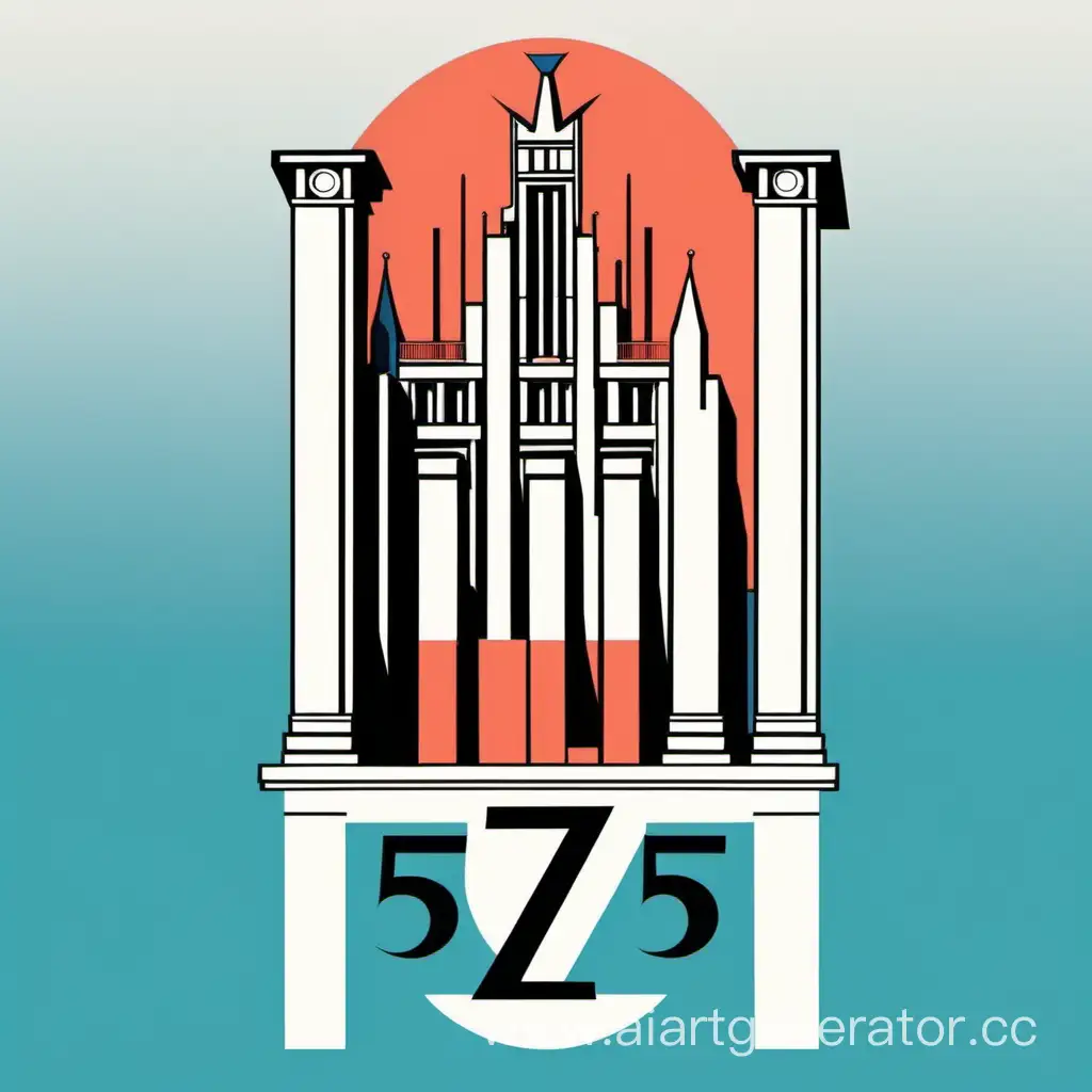 logo in avant-garde minimalism constructivism style, architectural elements and columns, geometric style, in coral blue and black colors, dedicated to anniversary of 275 years of Moscow School of architecture