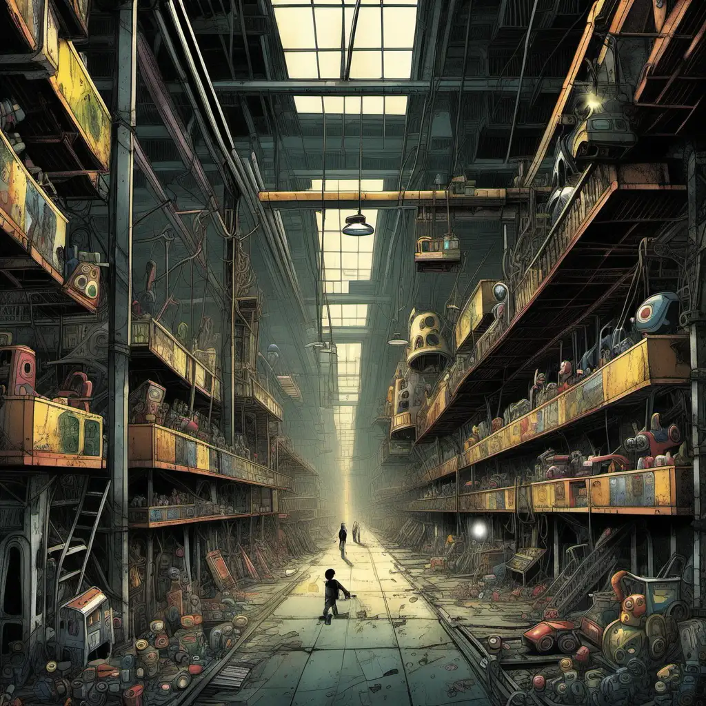 Assembly Line Alley is a dimly lit corridor within the depths of the toy factory, lined with towering conveyor belts, whirring machinery, and stacks of half-assembled toys. The air is thick with the smell of oil and plastic, and the sound of clanking gears echoes off the metal walls.

The alley stretches into the distance, disappearing into darkness as the assembly lines continue their ceaseless operation. Sparks occasionally fly from malfunctioning machinery, casting eerie shadows against the walls. Piles of discarded toy parts litter the floor, creating a hazardous terrain for unwary travelers.

The walls are adorned with faded posters advertising the factory's latest toy lines, now long forgotten and gathering dust. Broken toys dangle from hooks and conveyor belts, their lifeless eyes staring blankly into the abyss.

Occasional flickering lights illuminate the path, casting long shadows that seem to dance and shift with the movement of the machinery. The atmosphere is oppressive, filled with a sense of foreboding as though the very walls themselves are watching and waiting.

Despite the desolation, there is a strange beauty to Assembly Line Alley, a testament to the once bustling creativity that fueled the toy factory. But now, that creativity has been twisted into something dark and sinister, lurking in the shadows of the forgotten assembly lines.