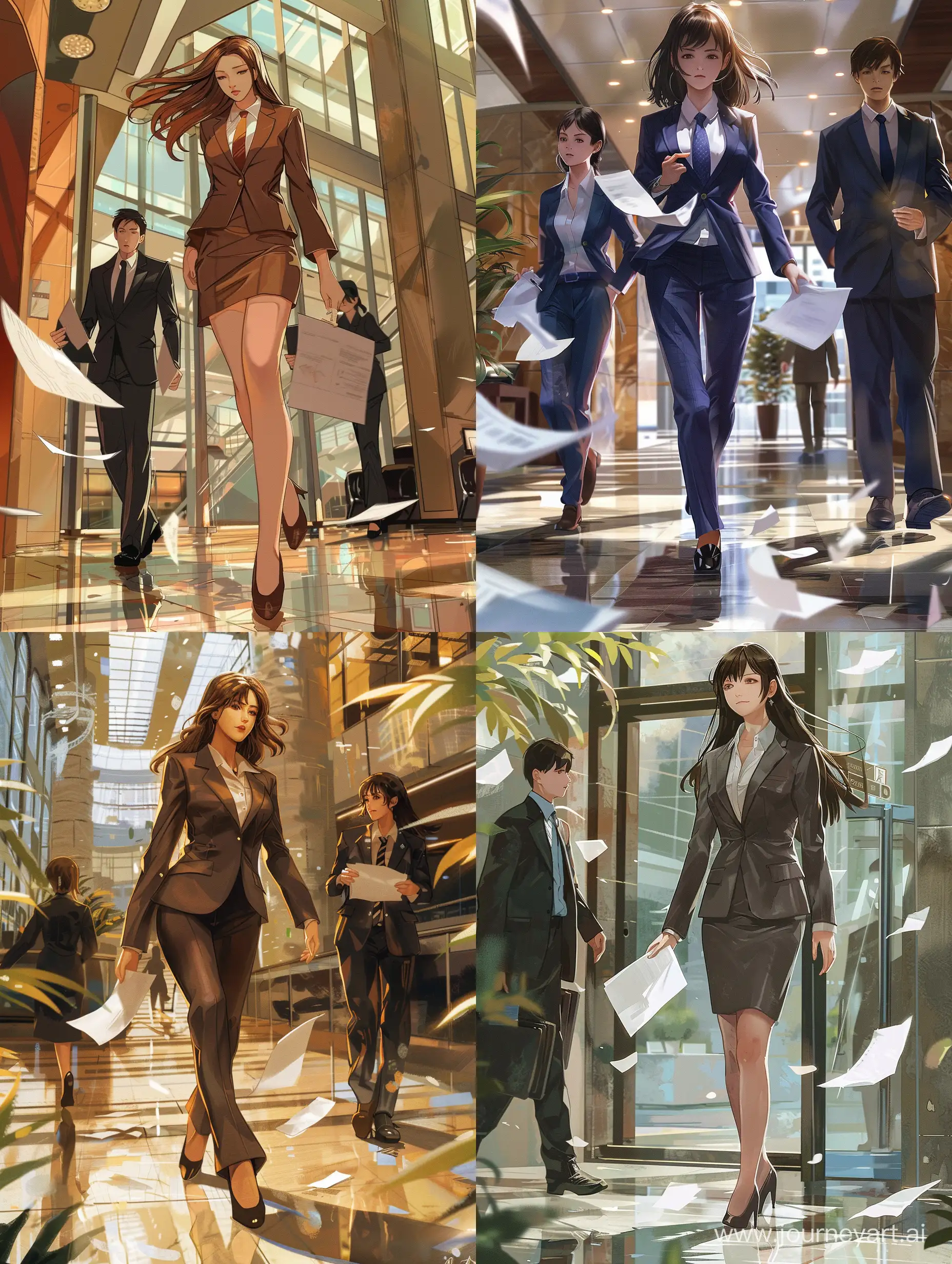 Elegant-Business-Stroll-Beautiful-Girl-in-Comic-Style-Walking-Through-the-Business-Center