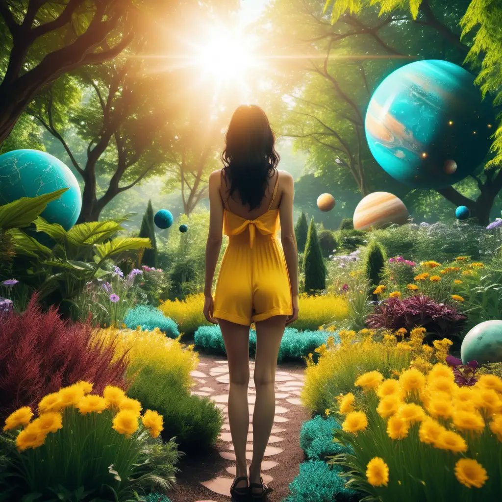 A very pretty tall slim woman with dark hair has her back to the camera, she is wearing summer clothes in yellow and turquoise, she stands alone in a fantasy garden, there are planets above her head and the sun is blazing down on her