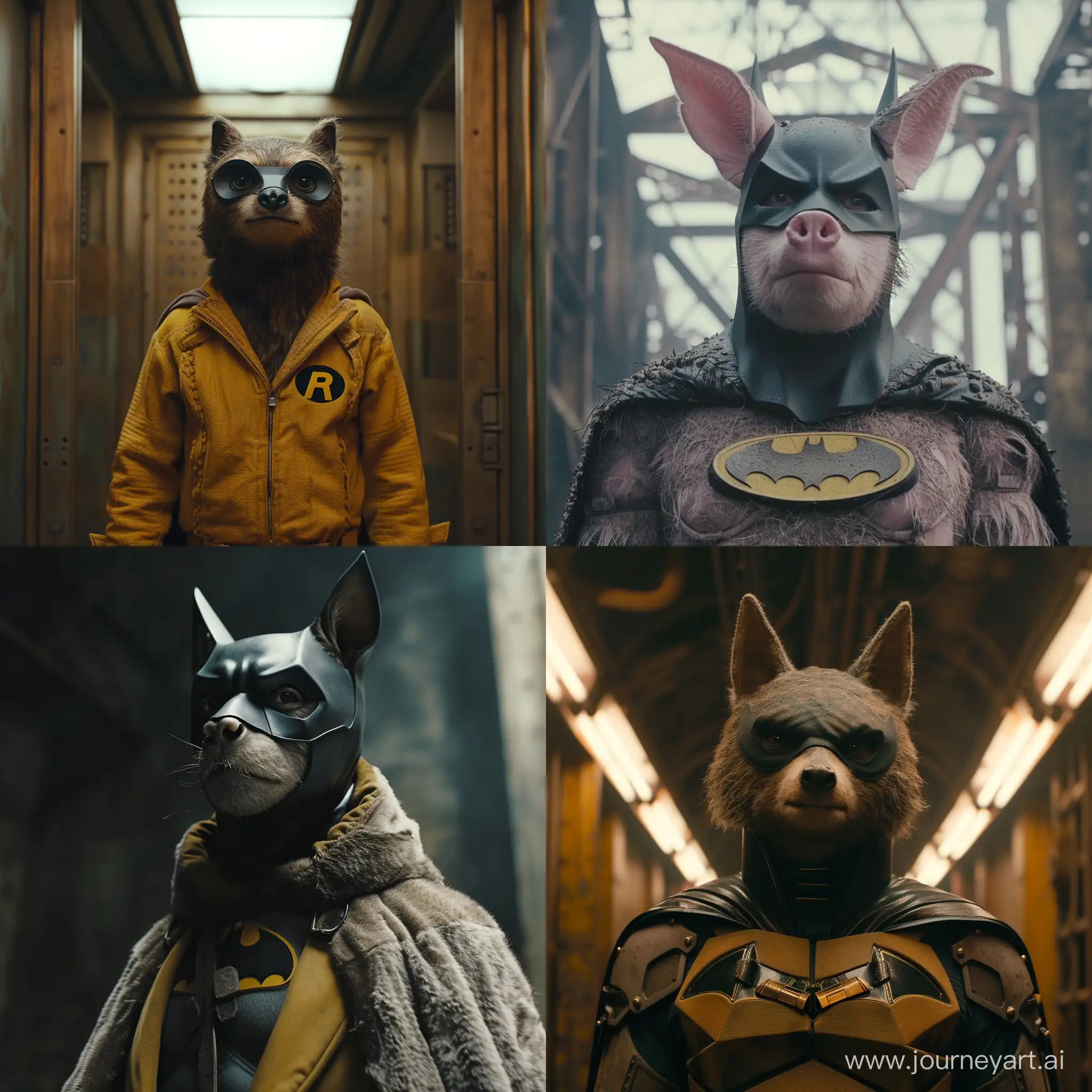 dvd screengrab from animal film, animal batman  from animal universe in animal era wearing animal costume, directed by west Anderson