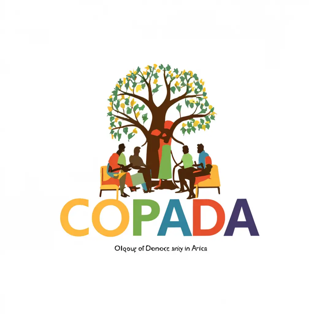 Gathering of Africans sitting on chairs and chatting around the tree, the word copada appears at the bottom and the phrase Colloquy of Africans for Democracy in Africa appears in a circle around the leaves of the tree