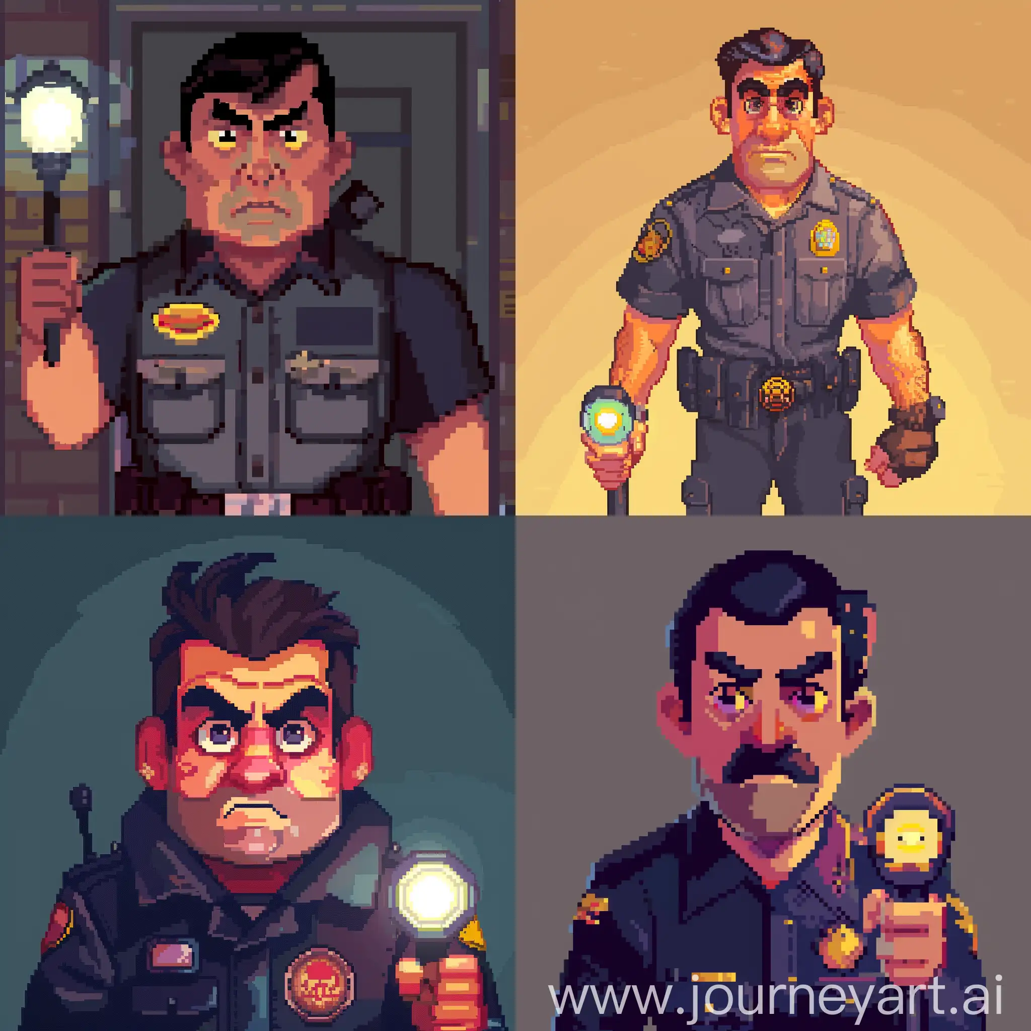 Создай пиксельное изображение Марка, бывшего охранника пиццерии, в стиле ретро-видеоигры. Он должен быть изображен в униформе охранника, с фонариком в руке и настороженным выражением лица.