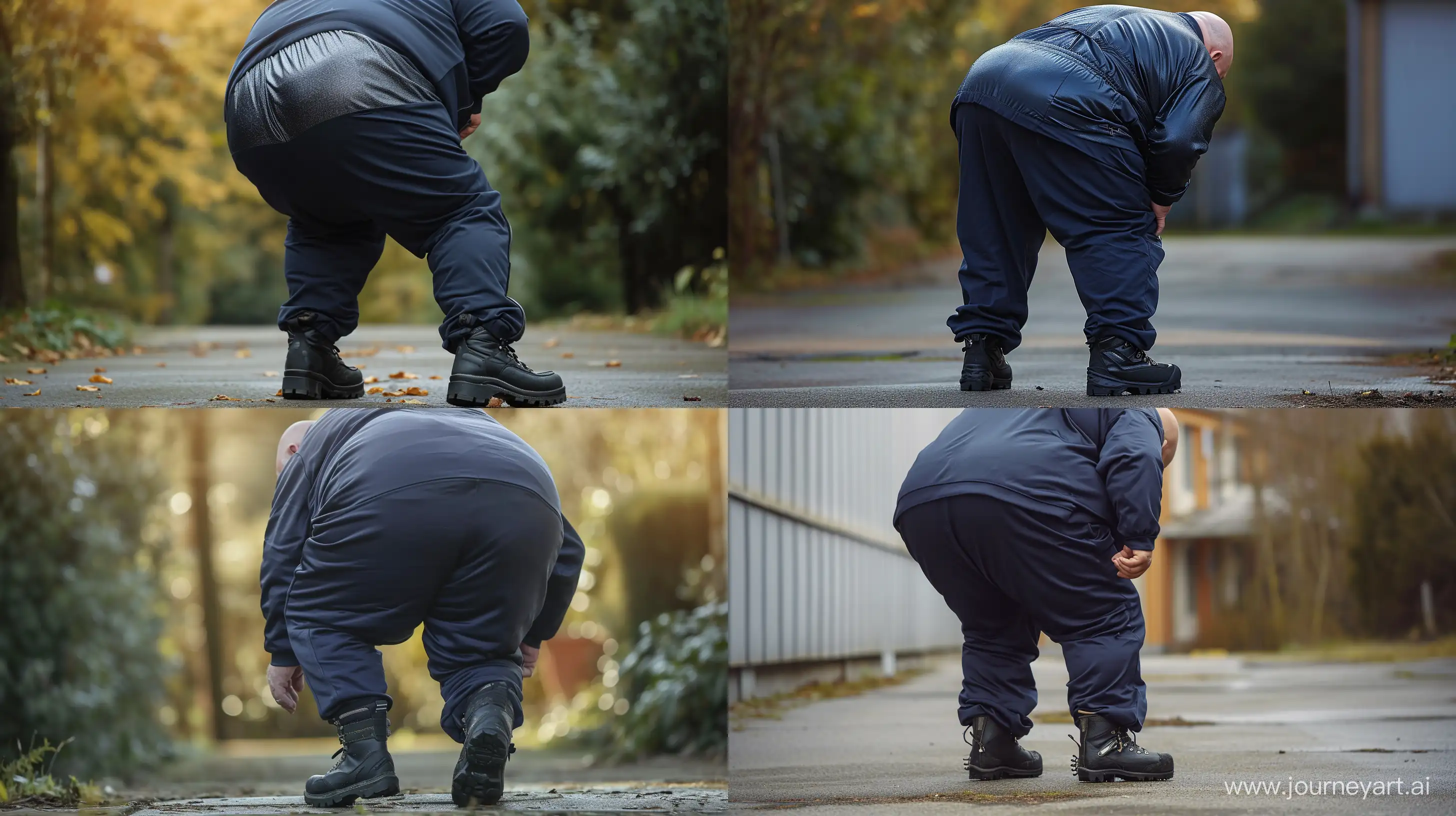 Back view of a chubby man aged 70 wearing a slightly shiny navy tracksuit. Black hiking boots. He is bending over. Natural Light. Clean shaven. Bald. Outside. High-quality. --ar 16:9 --v 6