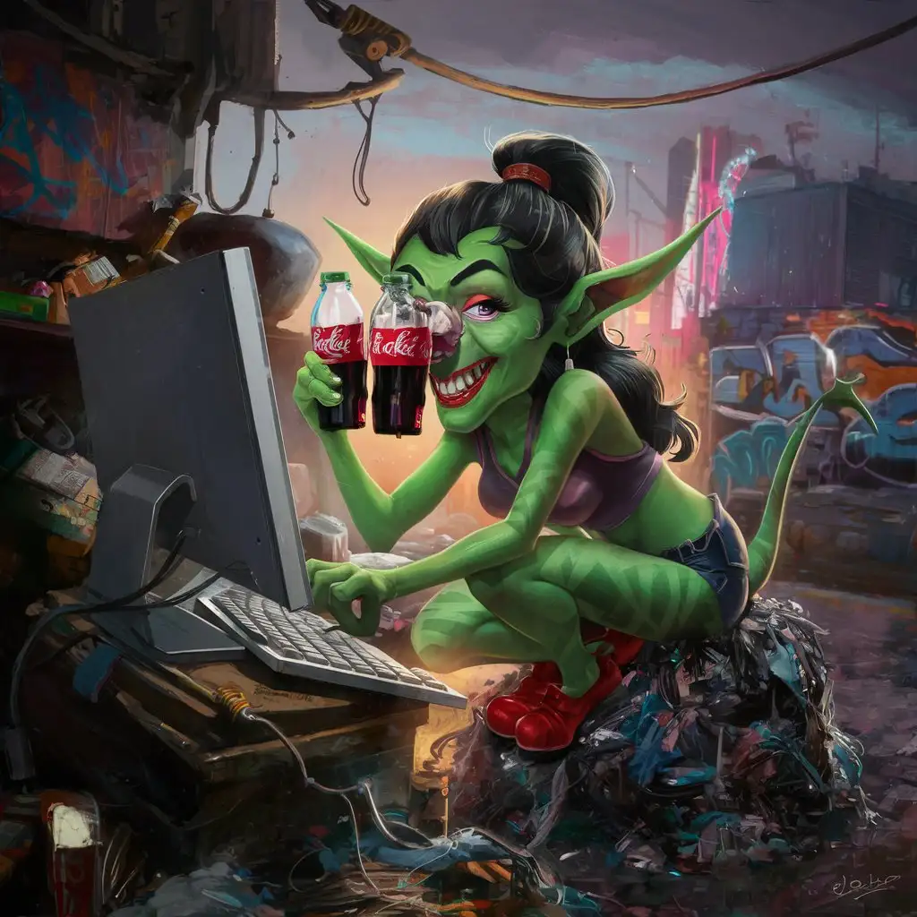 Vanessa the trash goblin tries looking through coke bottles to better see her computer screen