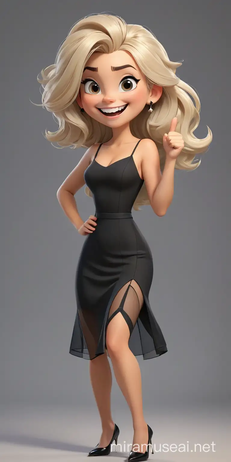 charming cheerful  woman, whole body, full-length, blond hair, black dress with a slit, black pumps, stockings in a very large mesh, with a Playful smile, a thumbs up gesture, white straight hair, medium length hairstyle, comics style, 3d modern cartoon style, pixar style, disney style, chibi, playful pose
