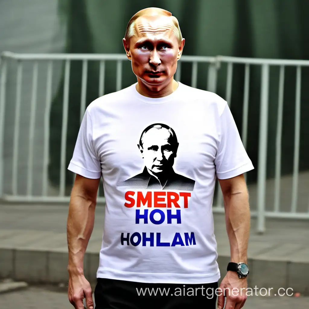 Putin in a T-shirt with the inscription "SMERT HOHLAM"