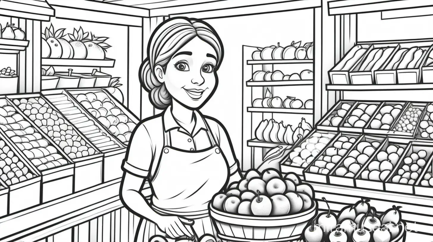 kids colouring book page, fruits seller, a woman buy,  fruit market, cartoon style, no shading, black and white only