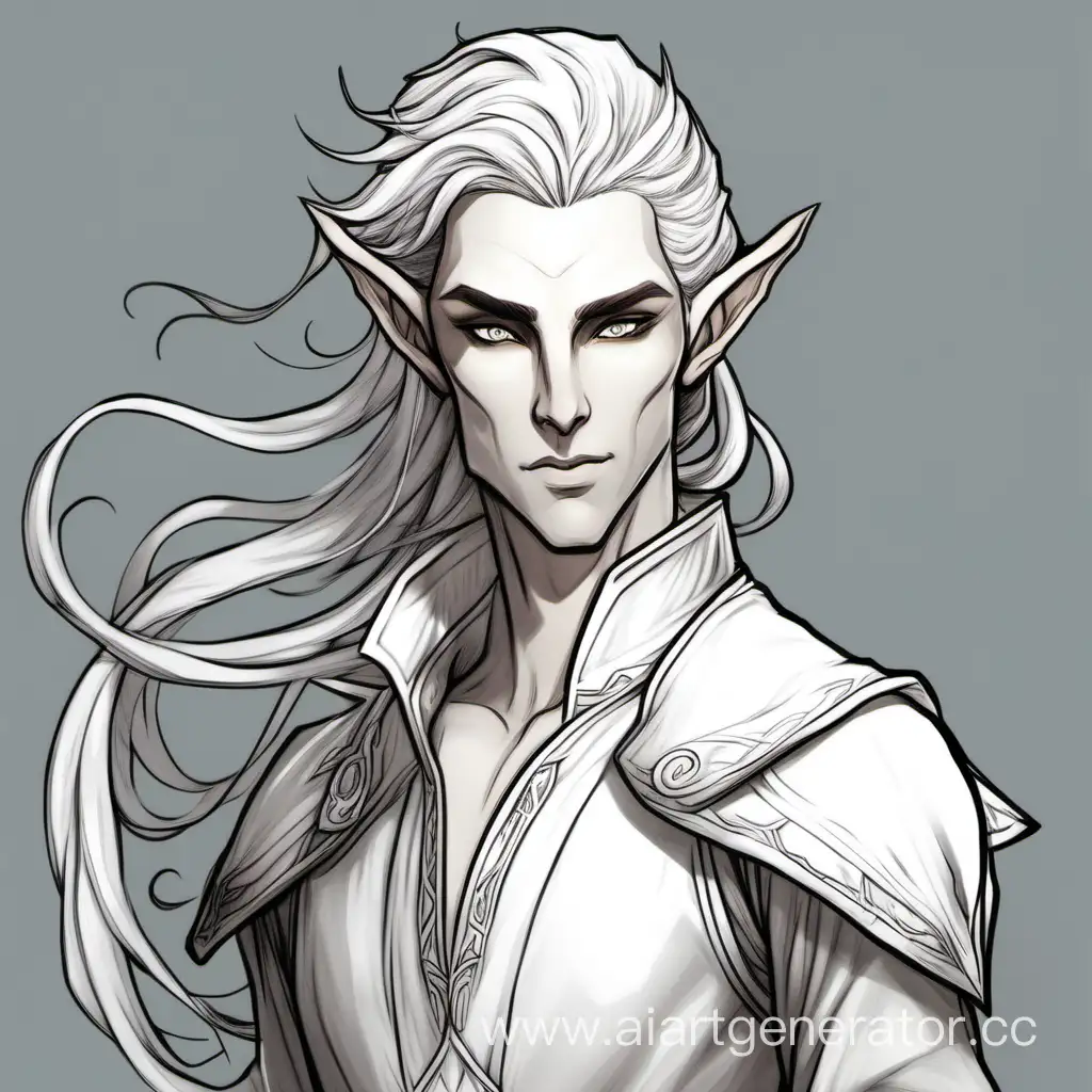 rpg avatar art dungeons and dragons D&D 5e half-elf changeling doppelganger character with long, white, curly wavy hair pulled back ponytail. Light white gray, powdery skin. Sleek, slender physique and face. Androgynous. Handsome and beautiful shapechanger. Big, white, upward eye shape. Pointed ears. Charming, elven, elfin, flat chest. Ultra HD drawing by Greg Rutkowski