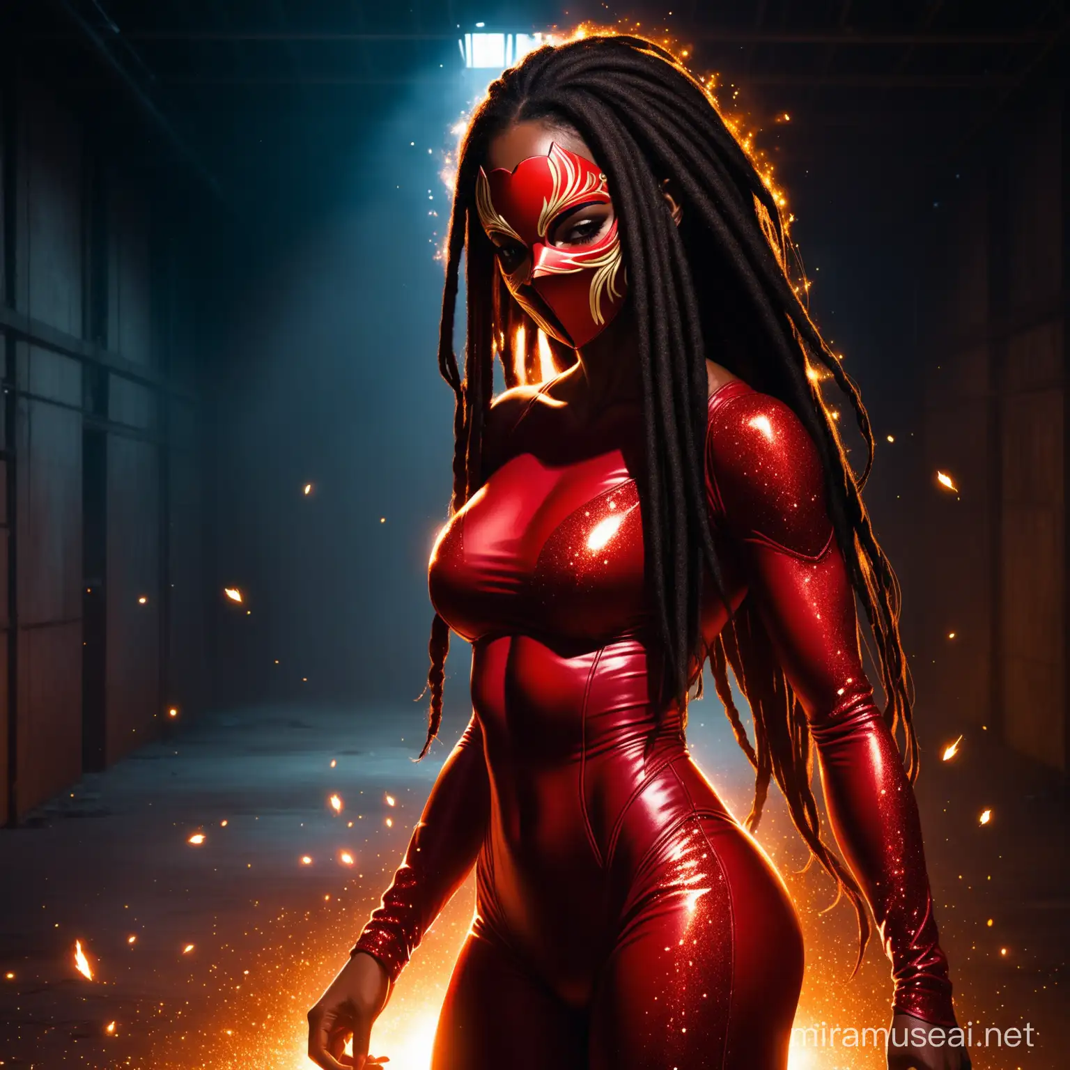 an african american female dressed in a tight red leather suit her body is toned and athletic her hair in long dred locks stands in an abandoned warehouse she slips out from the shadows. One side of her face is covered with a glowing red mask. The mask is covered in glitter and shimmers in the darkness like tiny embers of fire