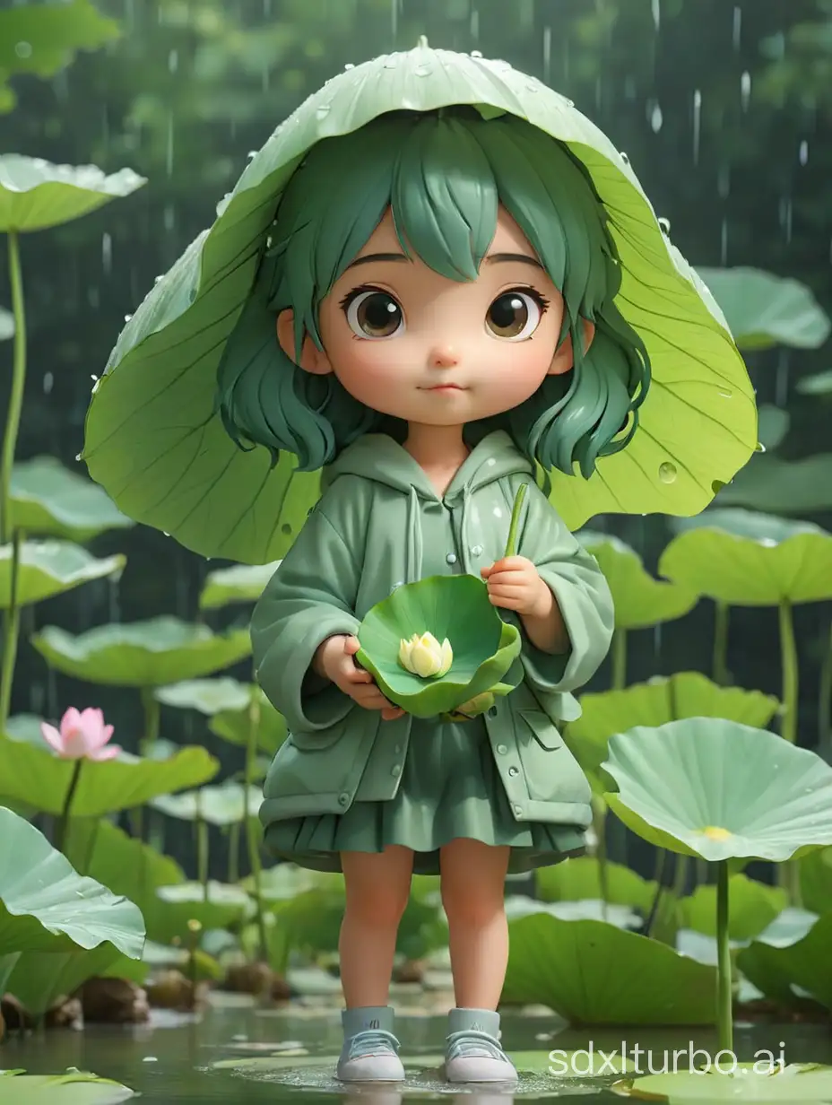 Super cute girl, holding a lotus leaf, light rain, pond, super cute girl IP by pop mart, pastel color, mockup, blind box toy, fine luster, clean background, 3D render, oc render, best quality, 4k, ultra detoiled