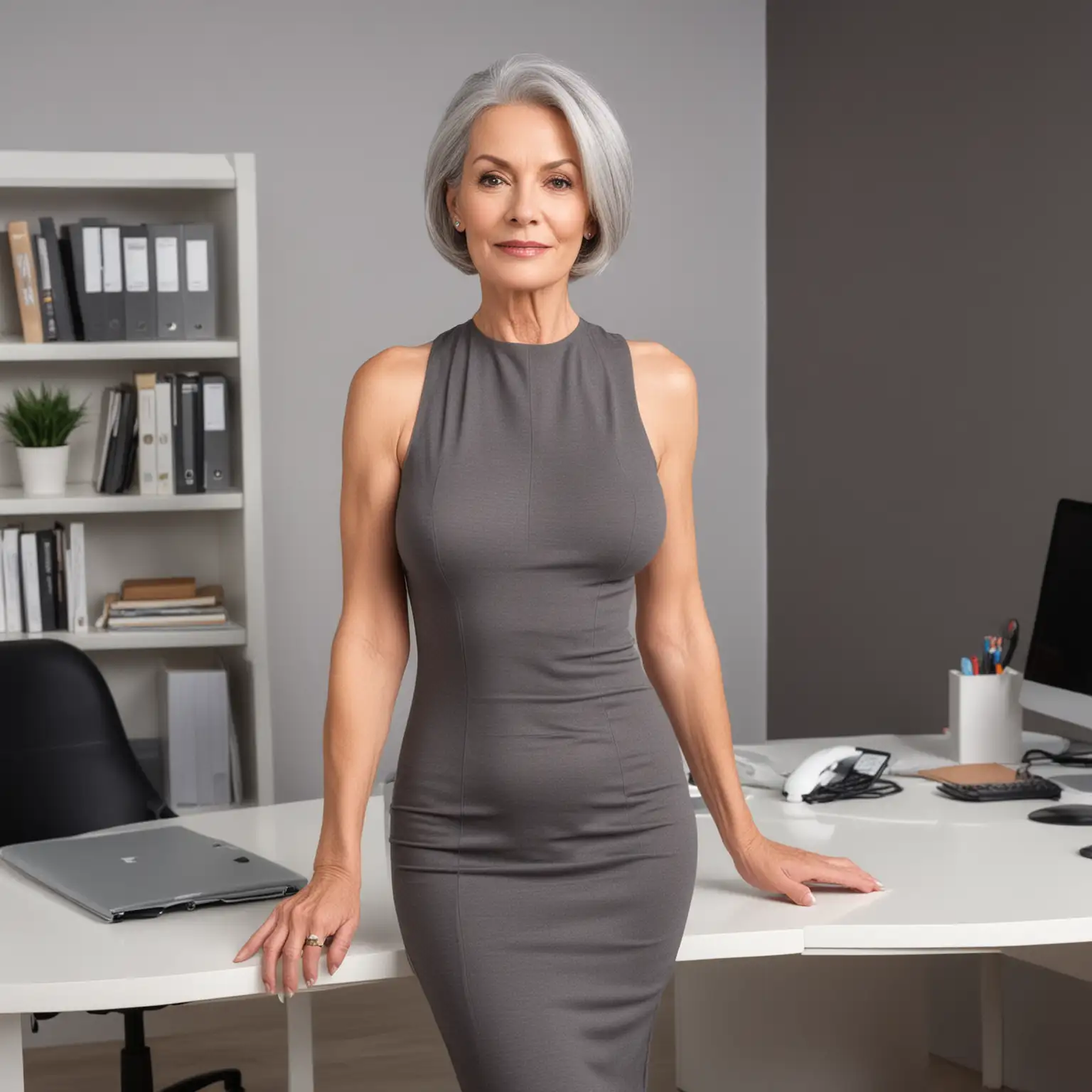 a full-body view of a slim beautiful 70-year-old woman with grey hair in a bob and big breasts wearing a tight dress in an office 