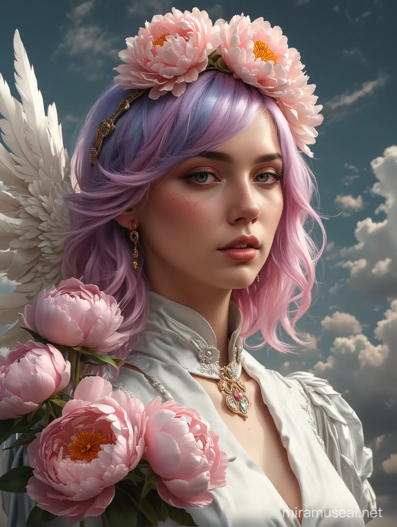 женщина с цветными волосами, одежда Кутюр, драгоценные камни, хлопковые облака, фотореализм, глубокие тени, эстетика, 16k, высокая мода, эпичное, печальное лицо, сюрреалистично, костяной шлем, крылья, в руках цветок пиона