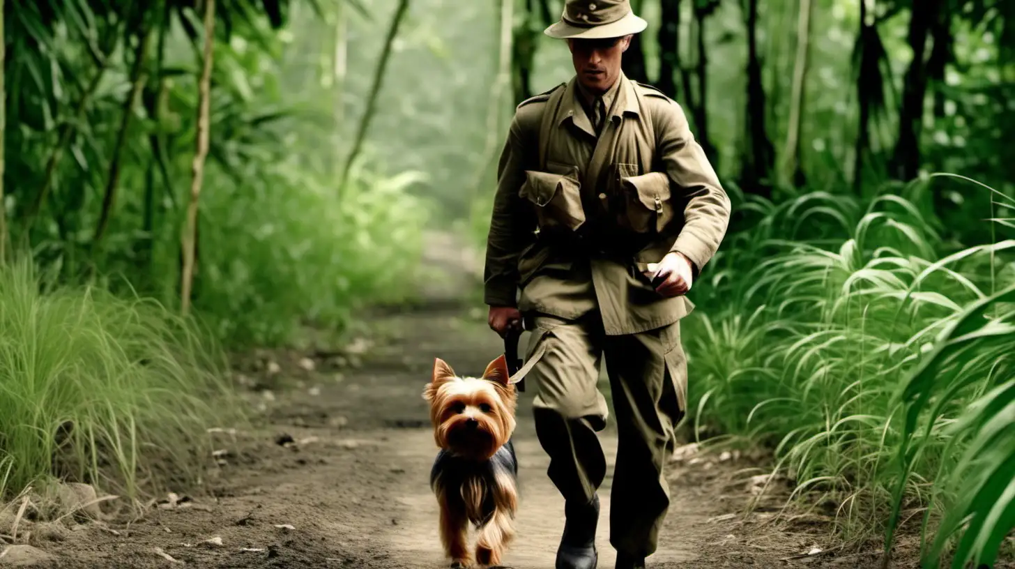 Handsome WWII Soldier Strolling in Jungle with Yorkshire Terrier