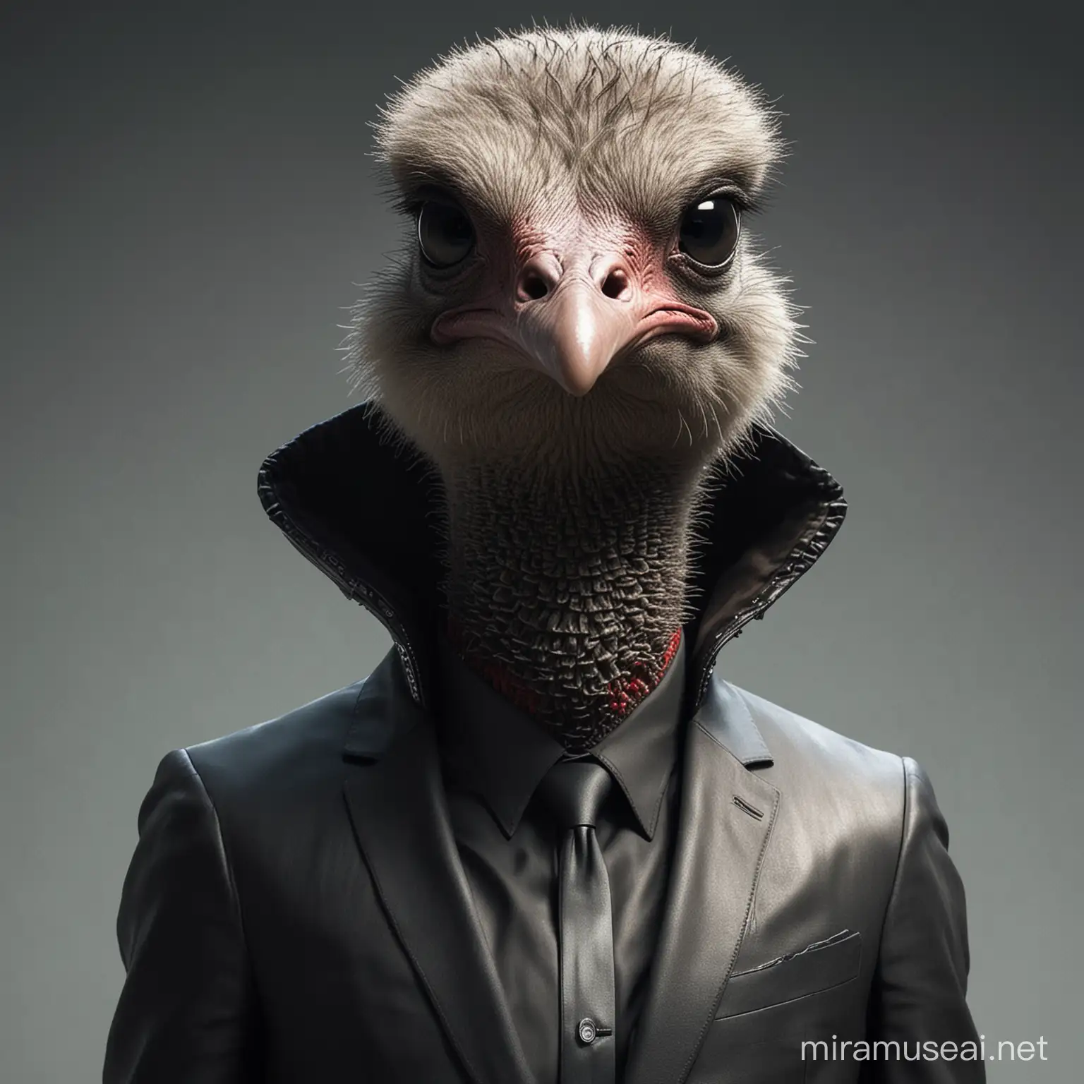 Ostrich face with body of human wearing  hitman suit 