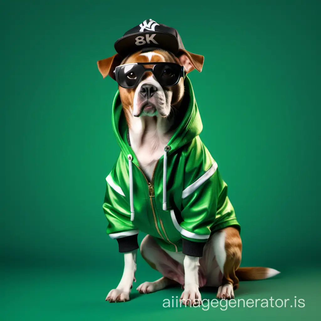 The dog is dressed in rapper-style clothes, 8k realism, stands on a green background