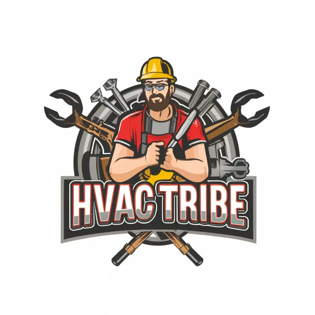 a logo design,with the text "The Hvac Tribe", main symbol:Handyman holding drill and pipe wrench.,complex,clear background