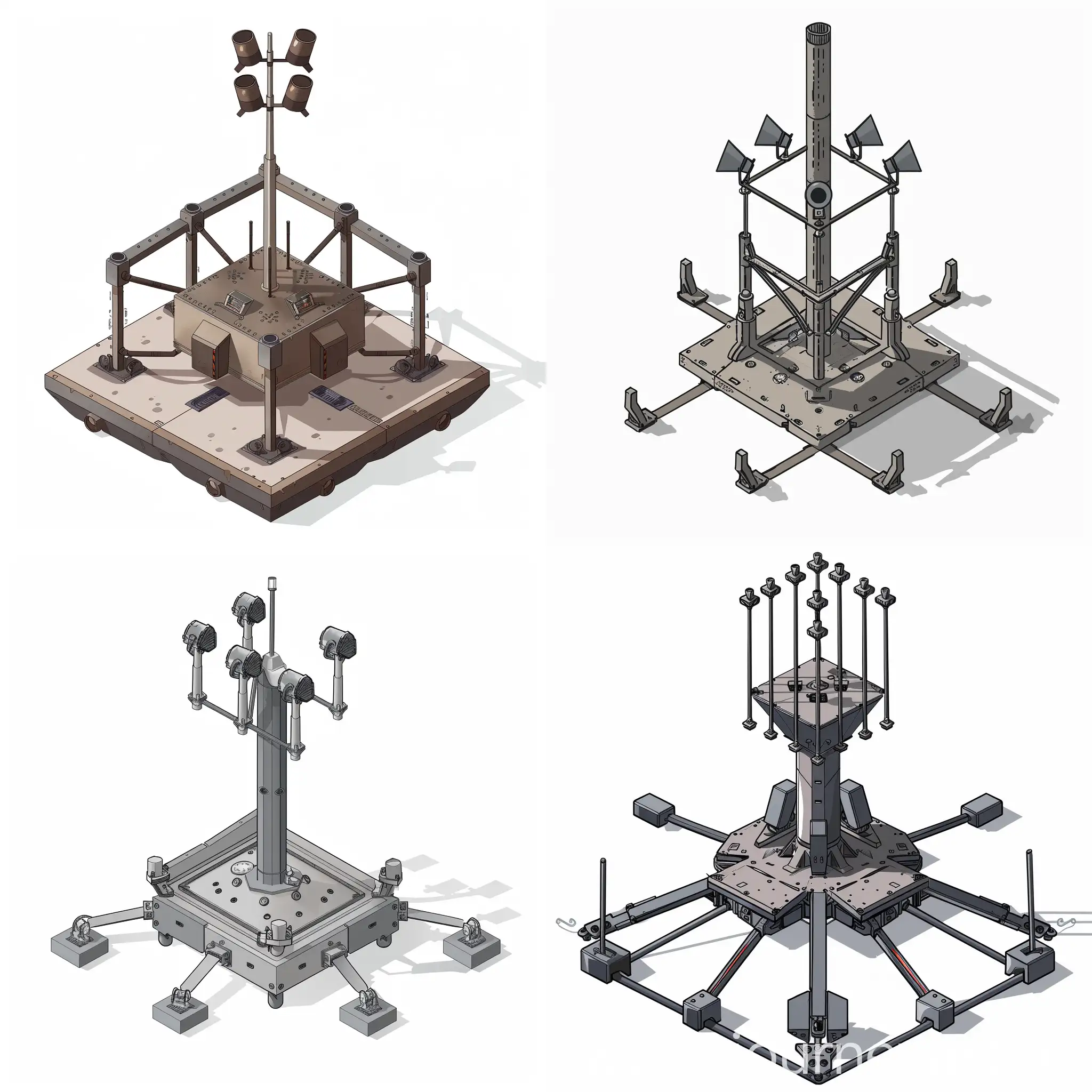 small metallic structure and six metallic arms around the structure for ground support with a pole structure in the center like a mast with a vertical arrangement of sirens horns facing the same direction on the top of the pole, with a vshape front for hauling, simple illustration, stow hauler platform alike, low detail, stencil for Visio, isometric, white background